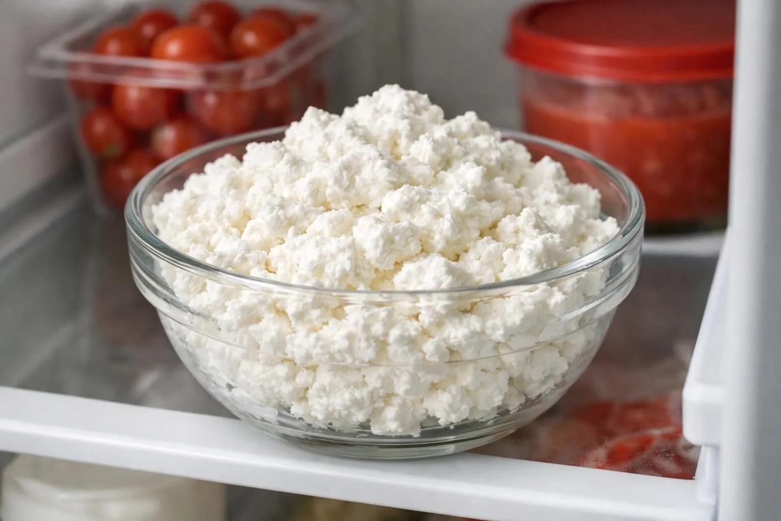 A bowl of creamy, white cottage cheese in a refrigerator.