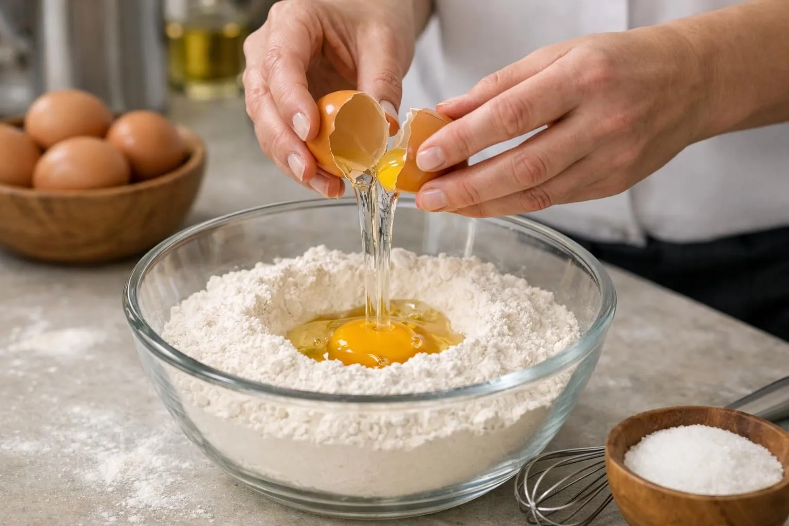 Hands cracking eggs into a bowl of flour.