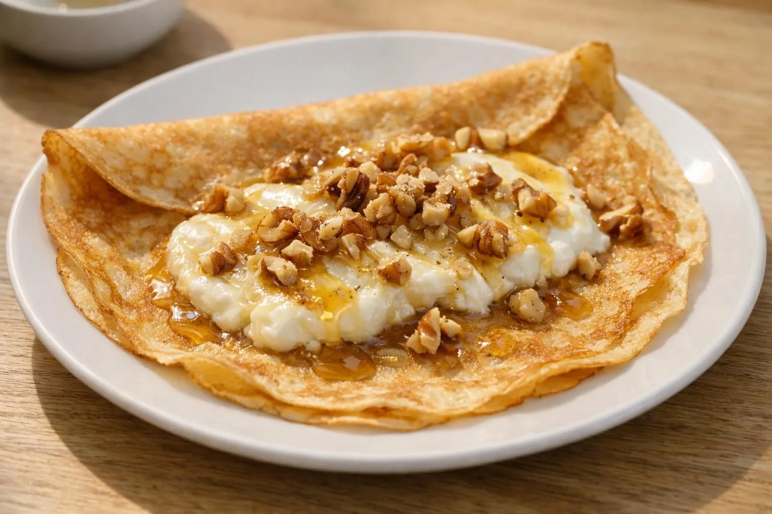 Vue rapprochée à 45° d'une crêpe dorée garnie de rondelles de fromage de chèvre frais légèrement fondant, filet de miel ambré coulant en zigzag, noix concassées éparpillées et feuilles de roquette verte éclatante. Assiette blanche moderne sur table en bois clair, lumière naturelle douce créant des reflets dorés sur le miel, ambiance cuisine conviviale avec couteau à beurre et petit pot de miel visible en arrière-plan flouté.