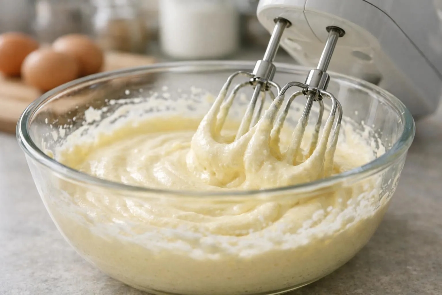 Gros plan sur un bol en verre contenant des œufs et du sucre en train d'être fouettés au batteur électrique, montrant la transformation progressive vers une mousse pâle et légère, éclaboussures délicates sur les parois du bol, cuisine lumineuse en arrière-plan flou, lumière naturelle douce, rendu réaliste et appétissant