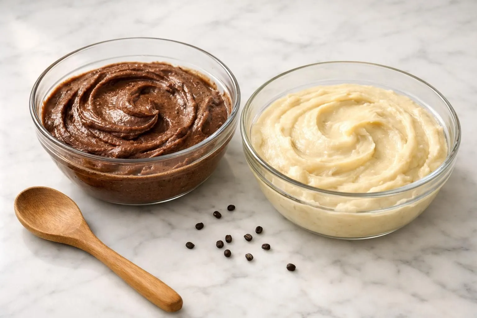 Two glass mixing bowls on white marble countertop, one containing chocolate-colored cake batter with cocoa powder and one with vanilla batter, wooden spoon resting between them, scattered vanilla beans and cocoa powder on surface, warm natural window light from left, home kitchen setting, realistic food photography style, focus on contrasting batters, 45-degree angle view, cozy and inviting atmosphere