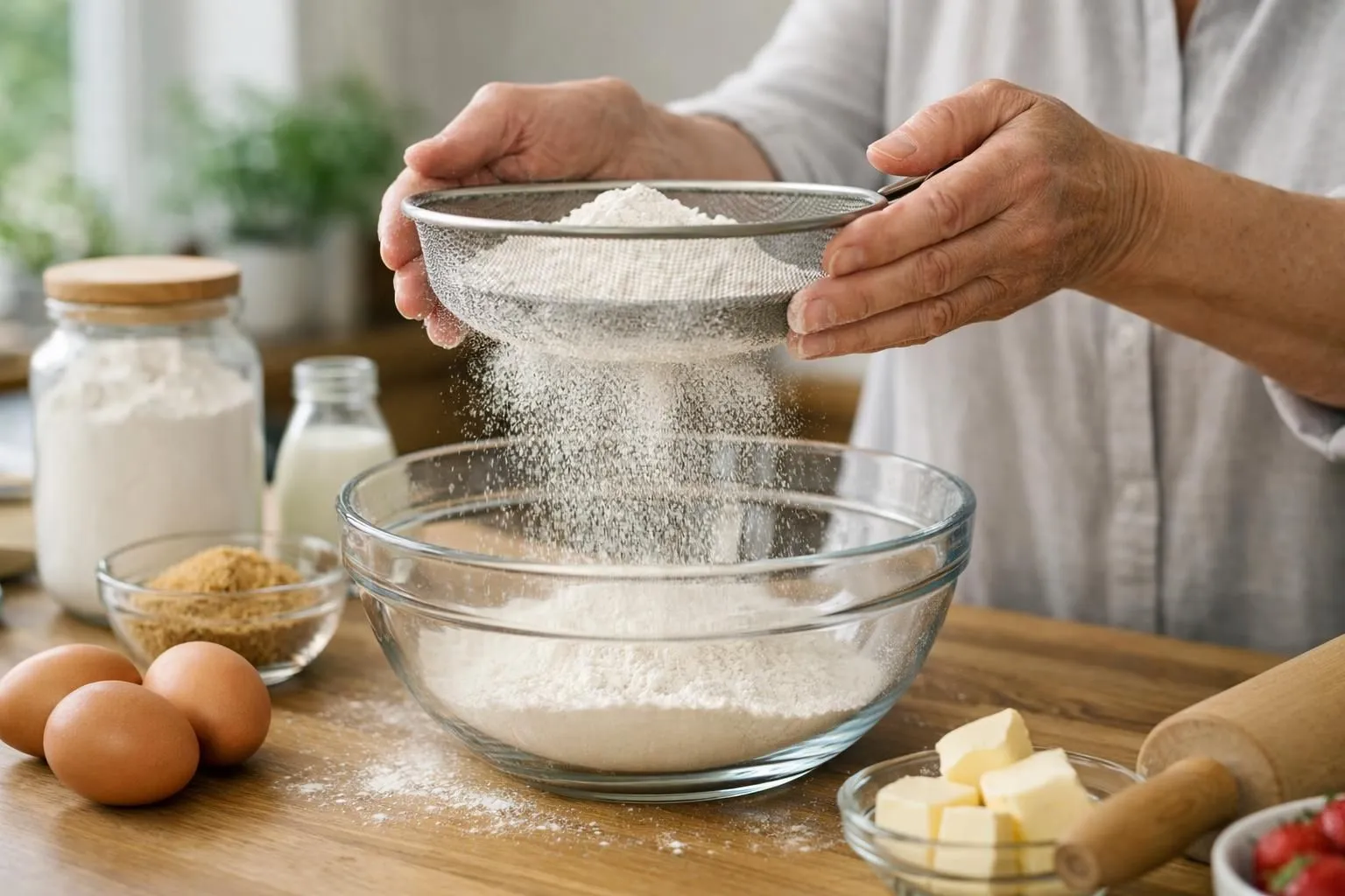 Vue rapprochée de mains tamisant de la farine au-dessus d'un saladier en céramique blanche contenant un mélange liquide doré (œufs et lait). Le mouvement capture la farine tombant en pluie fine à travers un tamis métallique, avec un effet de profondeur de champ mettant en valeur les grains de farine en suspension. Environnement: plan de travail en bois clair, lumière naturelle latérale douce créant des ombres subtiles. Éléments visibles: sachet de farine ouvert, fouet posé, ambiance chaleureuse de cuisine domestique. Style photographique réaliste, tons crème et doré.