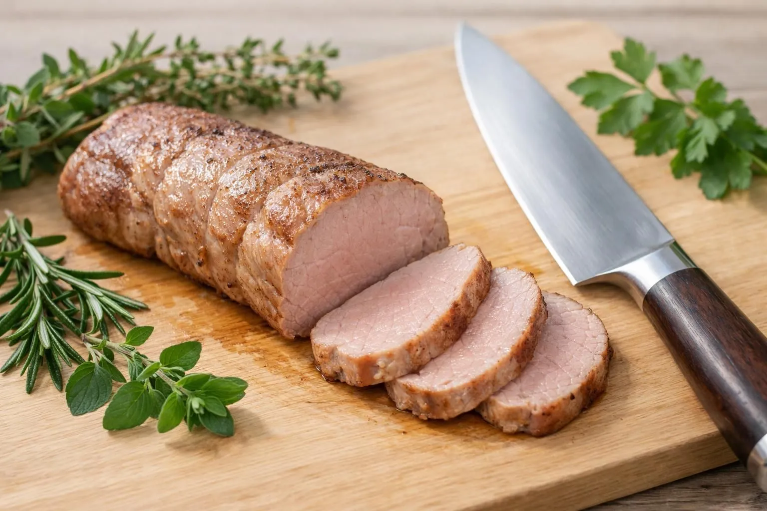 Filet mignon de porc parfaitement cuit à basse température, tranché en médaillons rosés et juteux sur une planche en bois claire. Vue de trois-quarts montrant la texture fondante et uniforme de la viande. Lumière naturelle douce créant un reflet appétissant sur la surface. Herbes fraîches (thym, romarin) disposées naturellement autour, couteau de chef élégant posé à côté. Arrière-plan flouté avec four en arrière-plan suggérant la cuisson terminée. Ambiance chaleureuse de cuisine moderne, tons bois naturel et blanc.