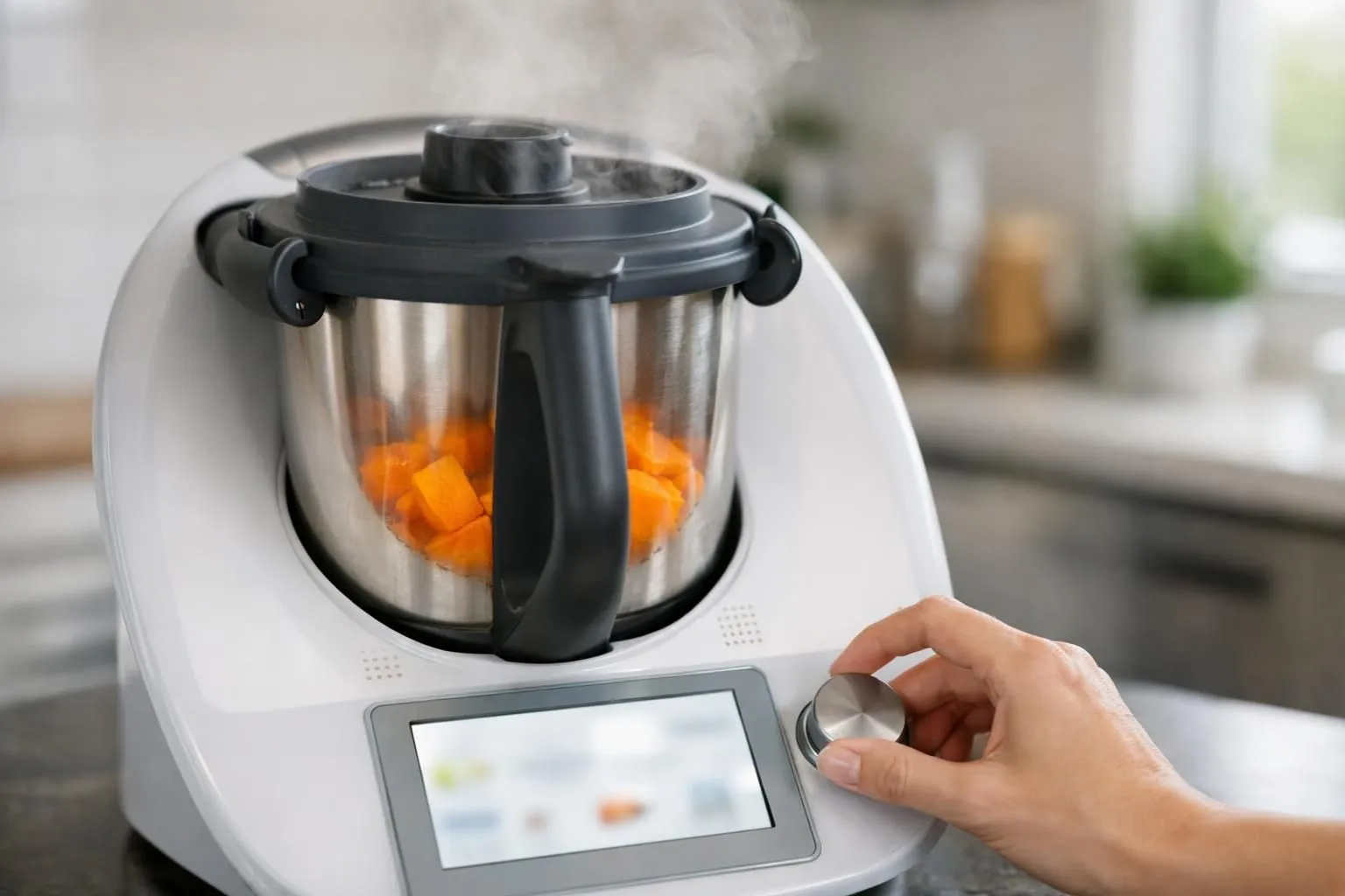 Gros plan d'un bol Thermomix en pleine cuisson avec couvercle fermé et affichage digital visible, cubes de potimarron orange vif à l'intérieur, vapeur légère s'échappant, main féminine réglant les boutons de température et vitesse sur l'écran tactile, cuisine moderne lumineuse en arrière-plan flou, lumière naturelle douce, angle à 45° capturant l'appareil et les ingrédients, ambiance chaleureuse et professionnelle.