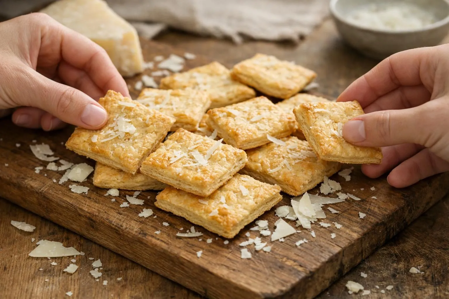 Close-up overhead view of golden brown parmesan cheese crackers on rustic wooden board, flaky layers visible, scattered parmesan shavings, hands reaching for crackers, warm natural lighting, shallow depth of field, casual entertaining setting