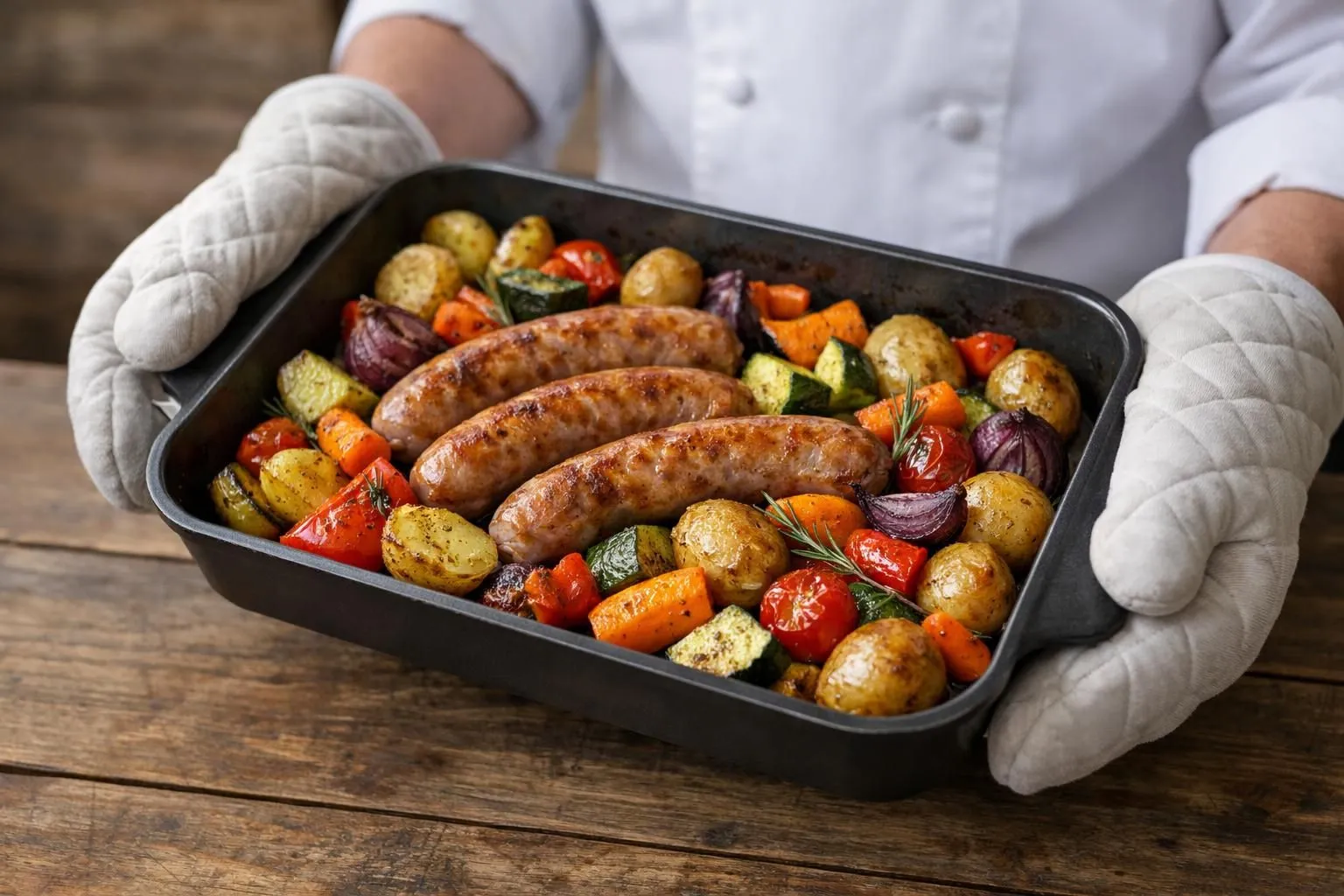 Toulouse sausages arranged on baking tray with colorful roasted vegetables (bell peppers, zucchini, cherry tomatoes) in modern bright kitchen, warm natural lighting from window, 45-degree angle view, hands wearing oven mitts holding the tray, rustic wooden background slightly blurred, appetizing golden-brown sausages, steam rising, modern cookware, inviting and homey atmosphere