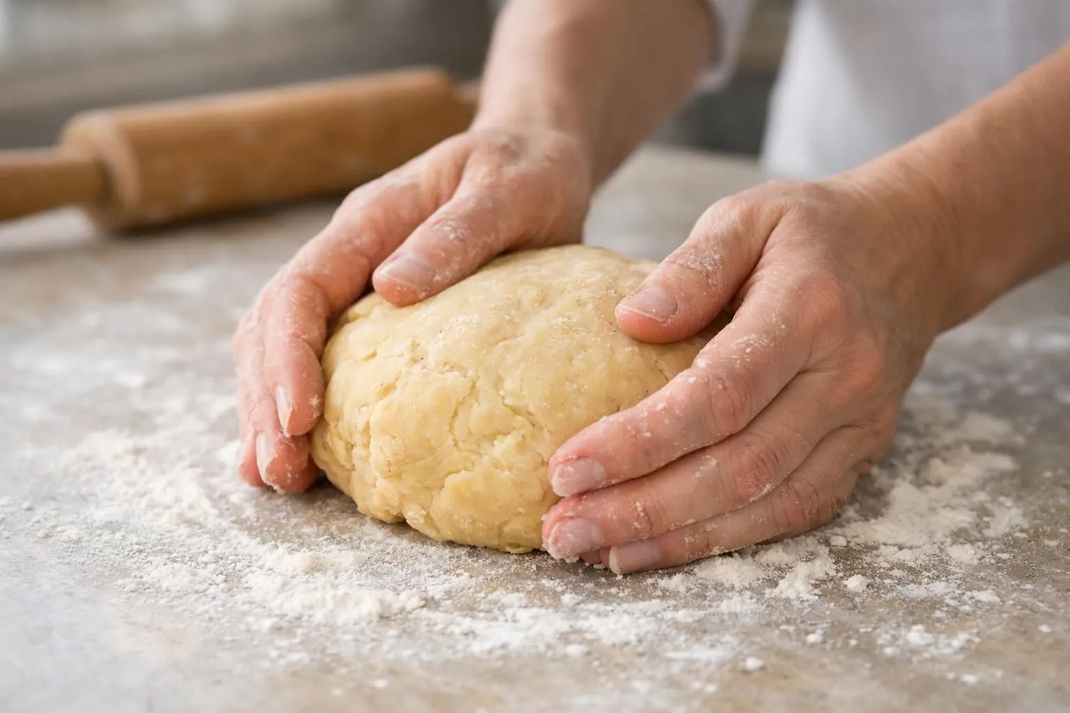Mains en train d'étaler une pâte brisée dorée sur un plan de travail fariné avec un rouleau à pâtisserie en bois, moule à tarte cannelé en arrière-plan légèrement flouté, lumière naturelle douce, ambiance cuisine maison chaleureuse, vue à 45 degrés, tons beige et blanc cassé, environnement propre et moderne