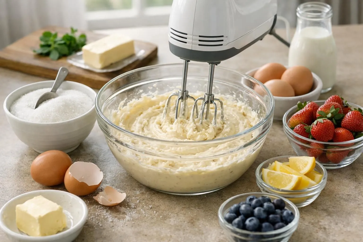 Baking ingredients and electric mixer on kitchen counter.