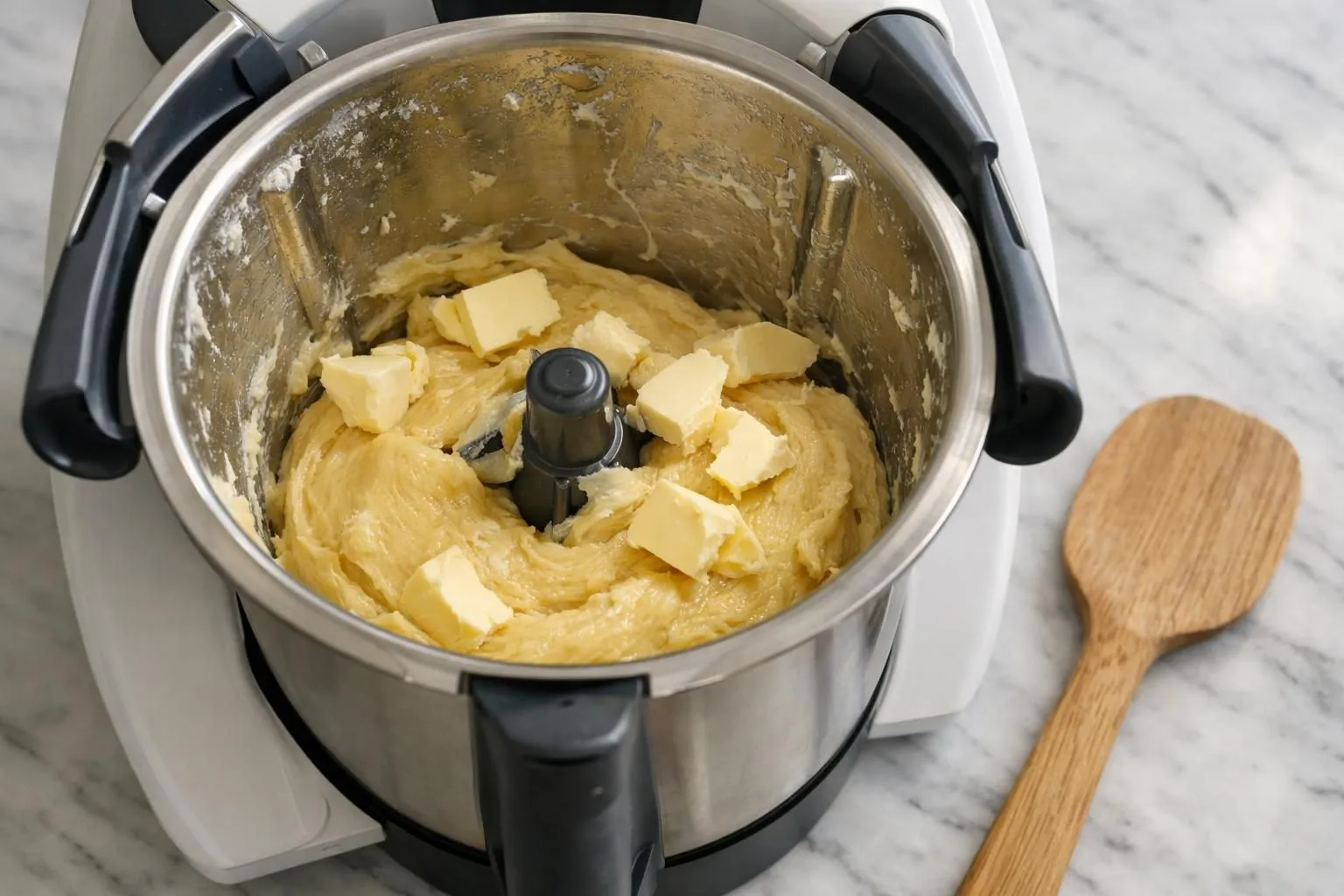 Vue rapprochée d'un bol de Thermomix transparent montrant une pâte à brioche dorée en cours de pétrissage avec des morceaux de beurre pommade en train de s'incorporer, texture crémeuse et brillante visible, spatule en bois posée à côté, plan de travail en marbre clair, lumière naturelle douce venant de la gauche, quelques œufs frais et un sachet de levure en arrière-plan légèrement flou, ambiance chaleureuse de cuisine maison moderne