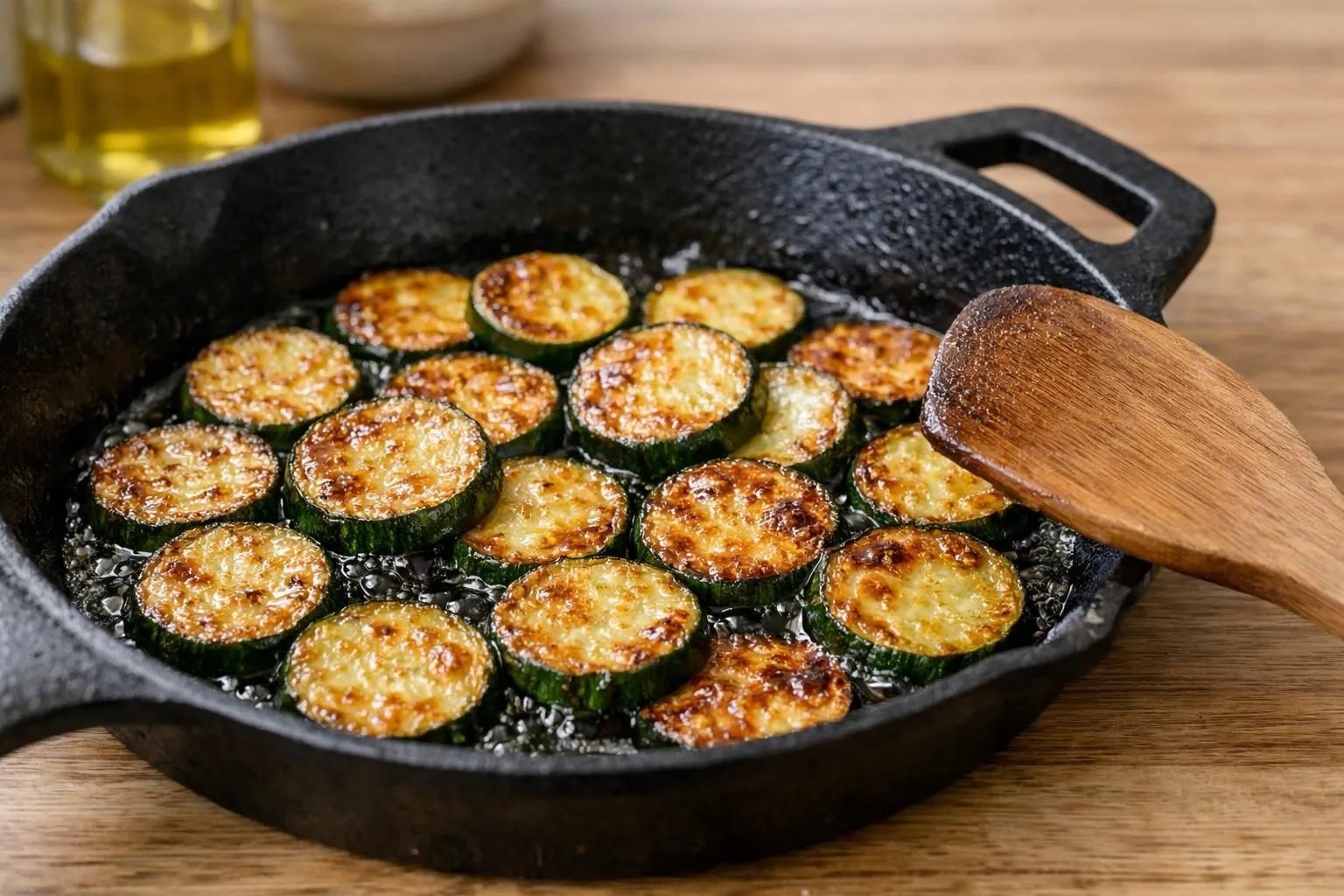Courgettes en rondelles dorées dans une poêle en fonte, légèrement caramélisées sur les bords, huile d'olive qui pétille, spatule en bois posée à côté. Lumière naturelle rasante, vapeur légère, herbes de Provence dans un bol au second plan. Vue à 45°, cuisine moderne avec plan de travail en bois clair, ambiance chaleureuse et familiale, mise au point nette sur les courgettes cuites à la perfection.