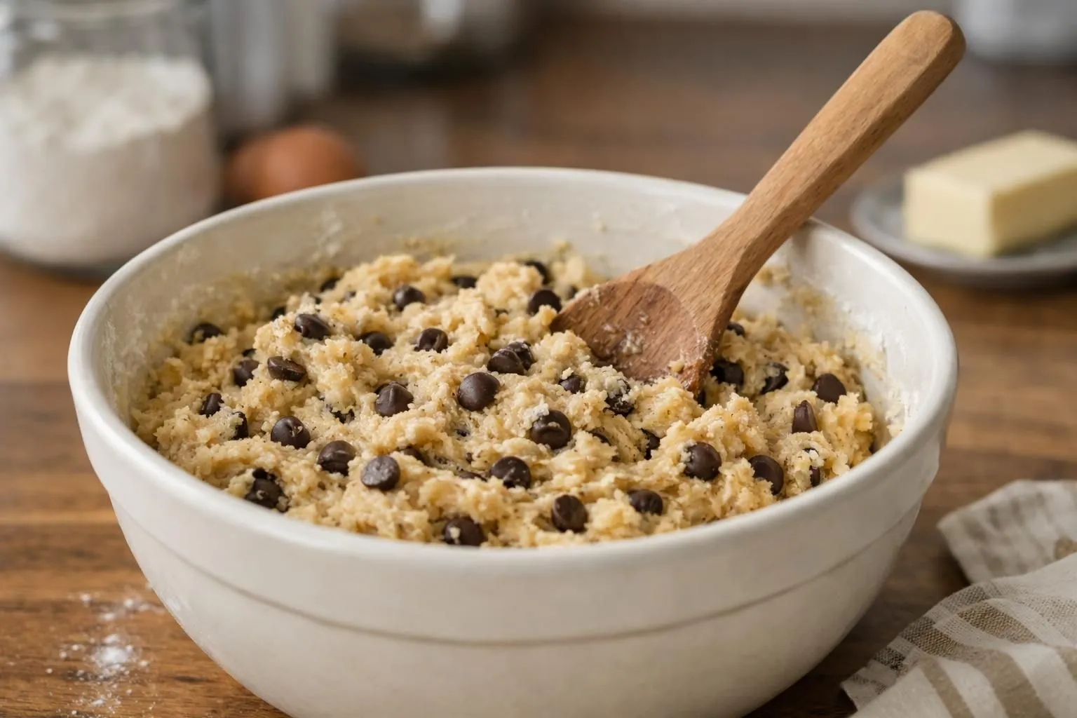 Vue aérienne d'une pâte à cookie dans un saladier avec farine tamisée et spatule en bois, quelques pépites de chocolat à côté, lumière naturelle douce, cuisine moderne aux tons beiges et bois, mise au point sur la texture de la pâte en cours de mélange, ambiance chaleureuse