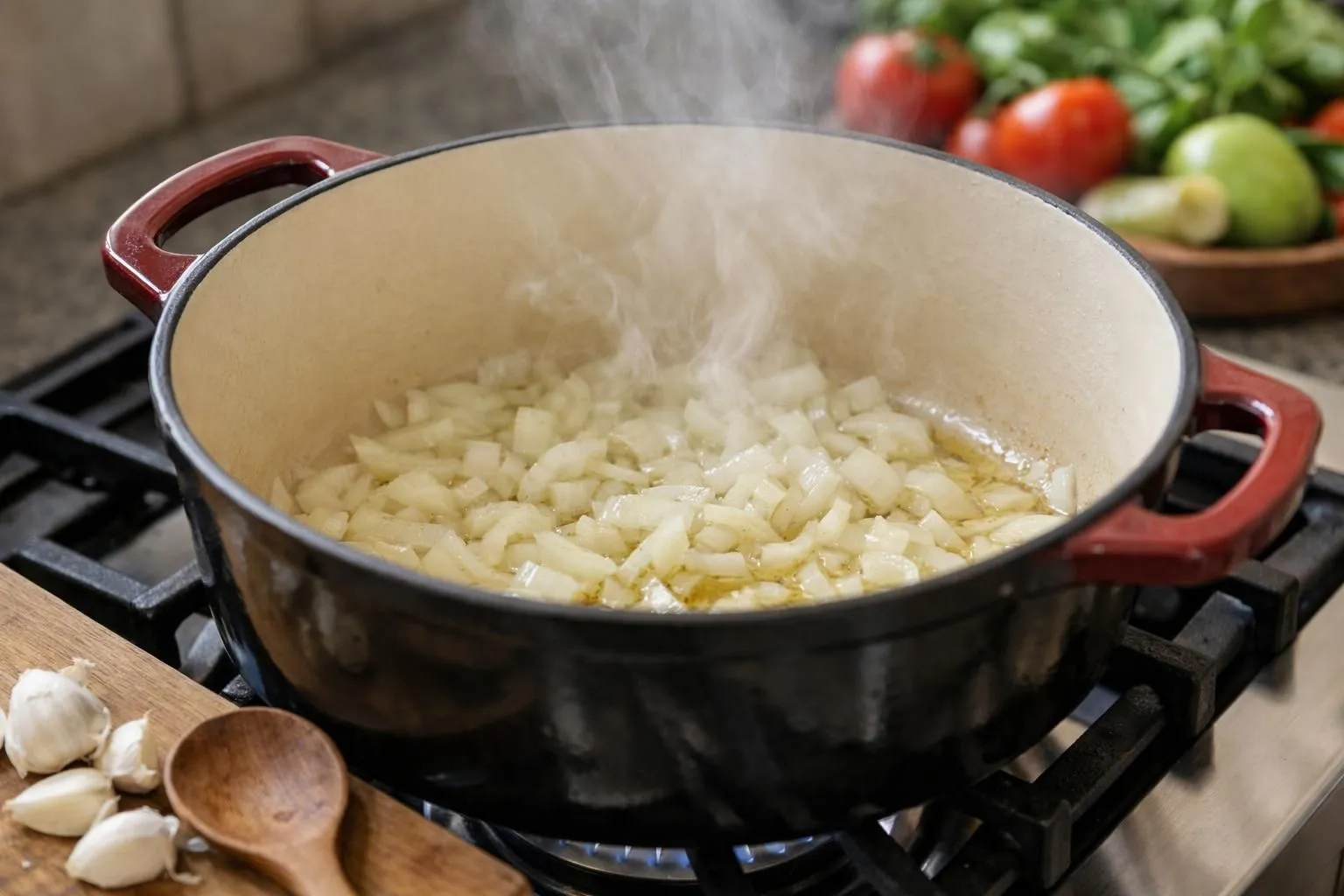 Gros plan sur une cocotte en fonte émaillée posée sur une cuisinière à gaz, contenant des oignons émincés en train de revenir dans de l'huile d'olive dorée. Vapeur légère s'élevant de la cocotte. À côté, une petite planche en bois avec de l'ail haché frais et une cuillère en bois. Lumière naturelle chaude venant de la gauche, éclairant la scène de cuisson. Arrière-plan légèrement flouté montrant des légumes frais (carottes, courgettes) sur un plan de travail en bois clair. Ambiance cuisine familiale accueillante, rendu réaliste et appétissant.