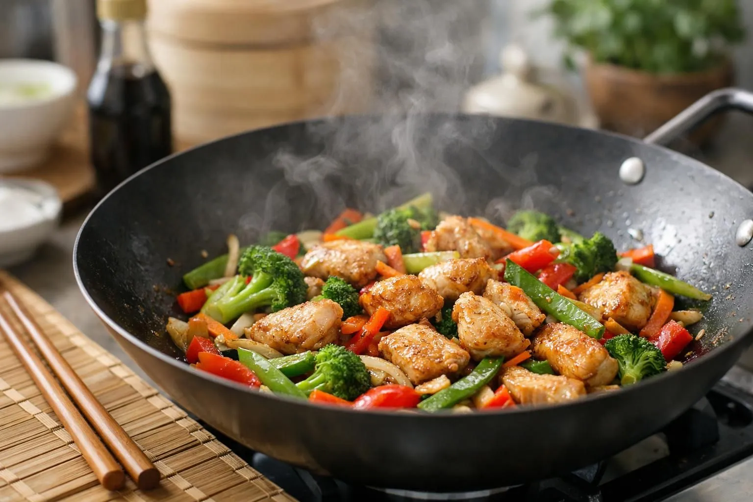 Wok fumant posé sur plan de travail en bois avec morceaux de poulet dorés et légumes croquants multicolores (poivrons rouges coupés en lanières, rondelles de carottes oranges, courgettes vertes), baguettes chinoises posées à côté, vapeur légère qui s'échappe du wok noir, bol de riz blanc et petite coupelle de sauce soja en arrière-plan flouté, lumière naturelle douce venant de la gauche, ambiance cuisine asiatique moderne et conviviale, vue en angle 45 degrés, mise au point sur le contenu du wok