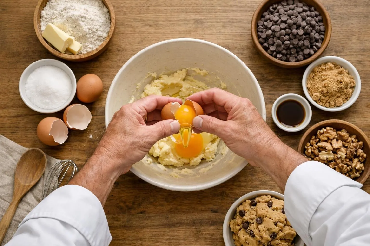 Hands cracking eggs into a mixing bowl with various baking ingredients.