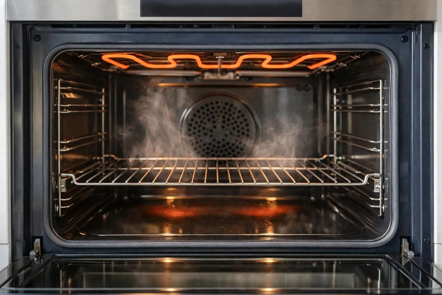Four électrique moderne ouvert montrant l'intérieur illuminé avec grille positionnée au centre, thermomètre digital affichant 220°C, ambiance lumineuse et chaleureuse de cuisine familiale, détails réalistes des résistances chauffantes visibles, vapeur légère indiquant la température élevée, cadrage frontal mettant en valeur la profondeur du four, tons chauds orangés et métalliques, lumière naturelle depuis une fenêtre latérale, pas de texte ni chiffres superposés