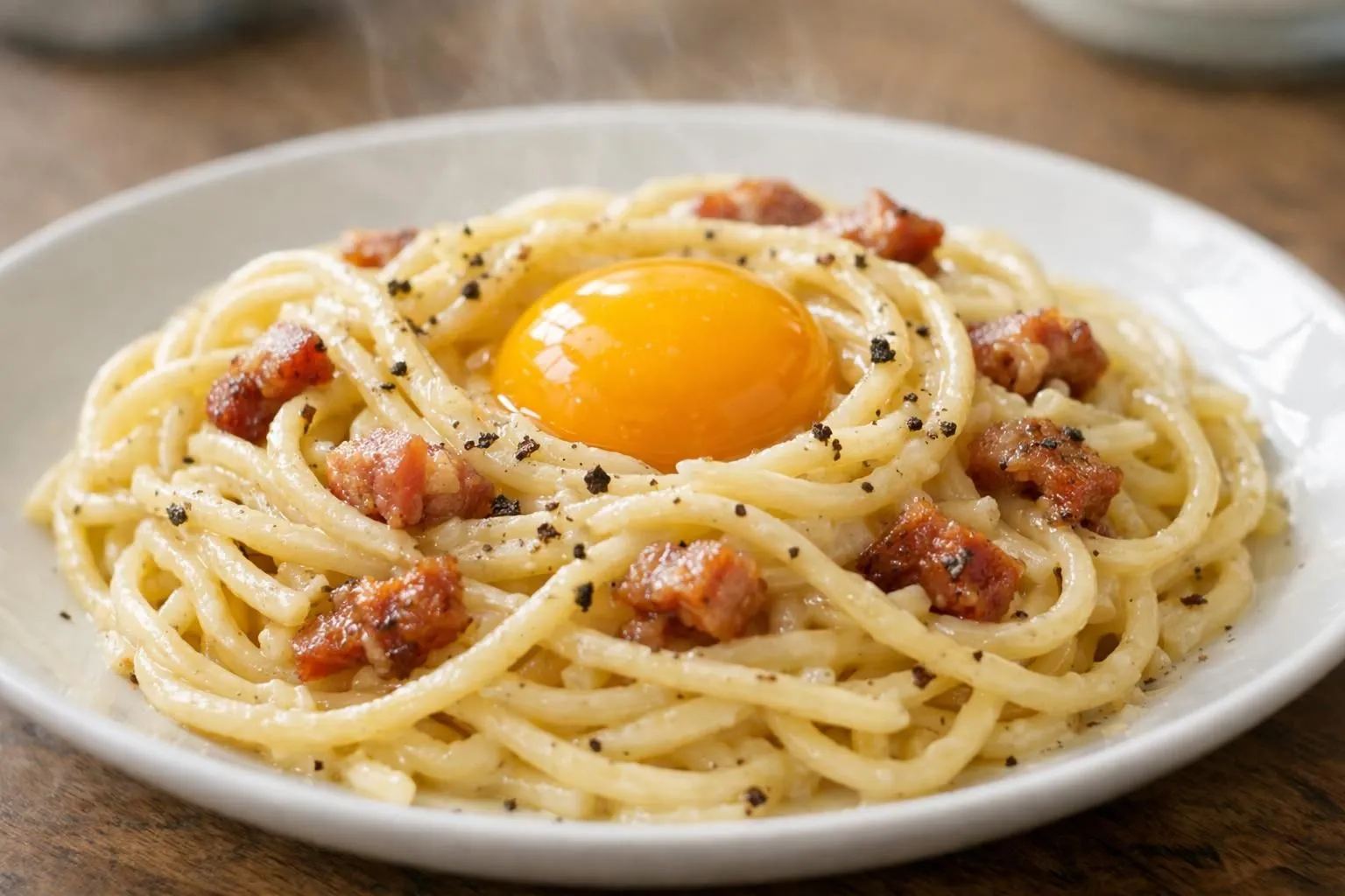 Gros plan d'une assiette de pâtes carbonara fumantes, jaune d'œuf brillant au centre entouré de spaghetti enrobés de sauce crémeuse dorée, morceaux de pancetta croustillante parsemés, poivre noir fraîchement moulu visible, fourchette plantée dans les pâtes, table en bois clair, lumière naturelle douce, angle à 45 degrés, arrière-plan flouté avec fromage pecorino râpé et œufs frais