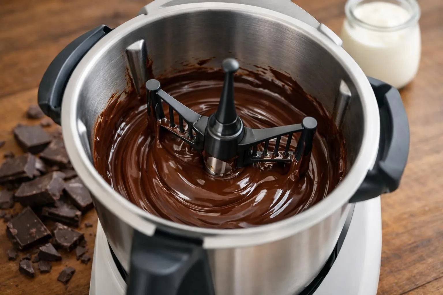Close-up of glossy dark chocolate melting in a Thermomix bowl with integrated whisk attachment, smooth silky texture visible, kitchen counter setting with natural daylight from window, scattered chocolate pieces around the bowl, warm wooden background, cream container nearby, realistic culinary photography style with soft focus on background