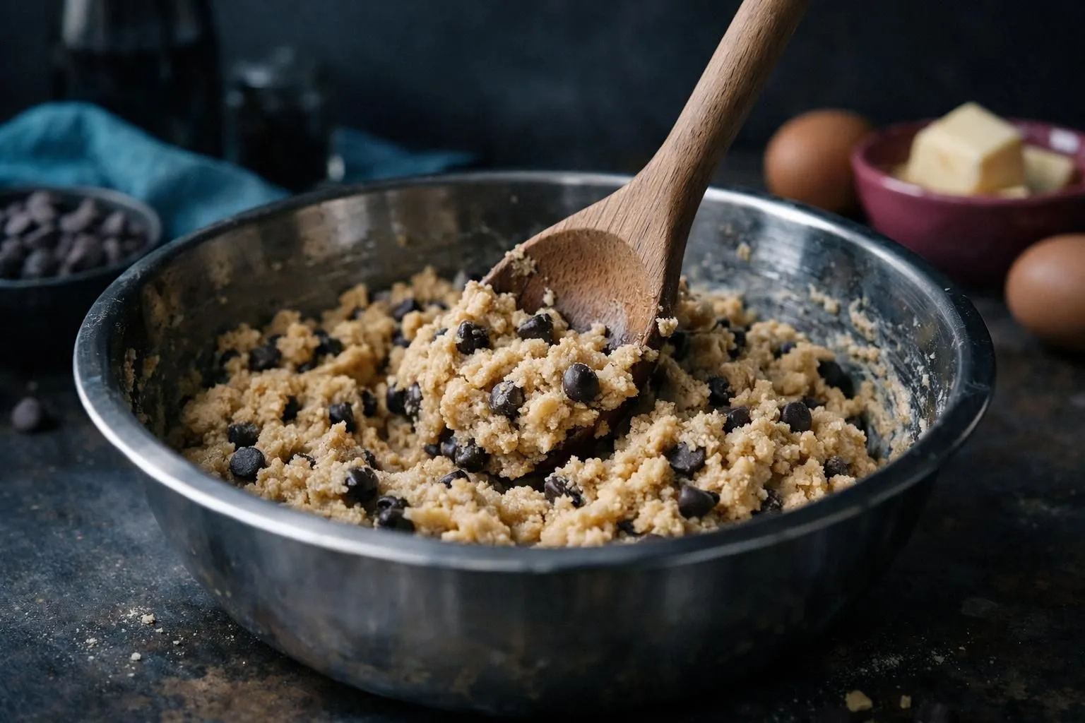 Recette facile cookies chocolat blanc moelleux en 5 étapes simples Homemade cookie dough with chocolate chips in a metal bowl.