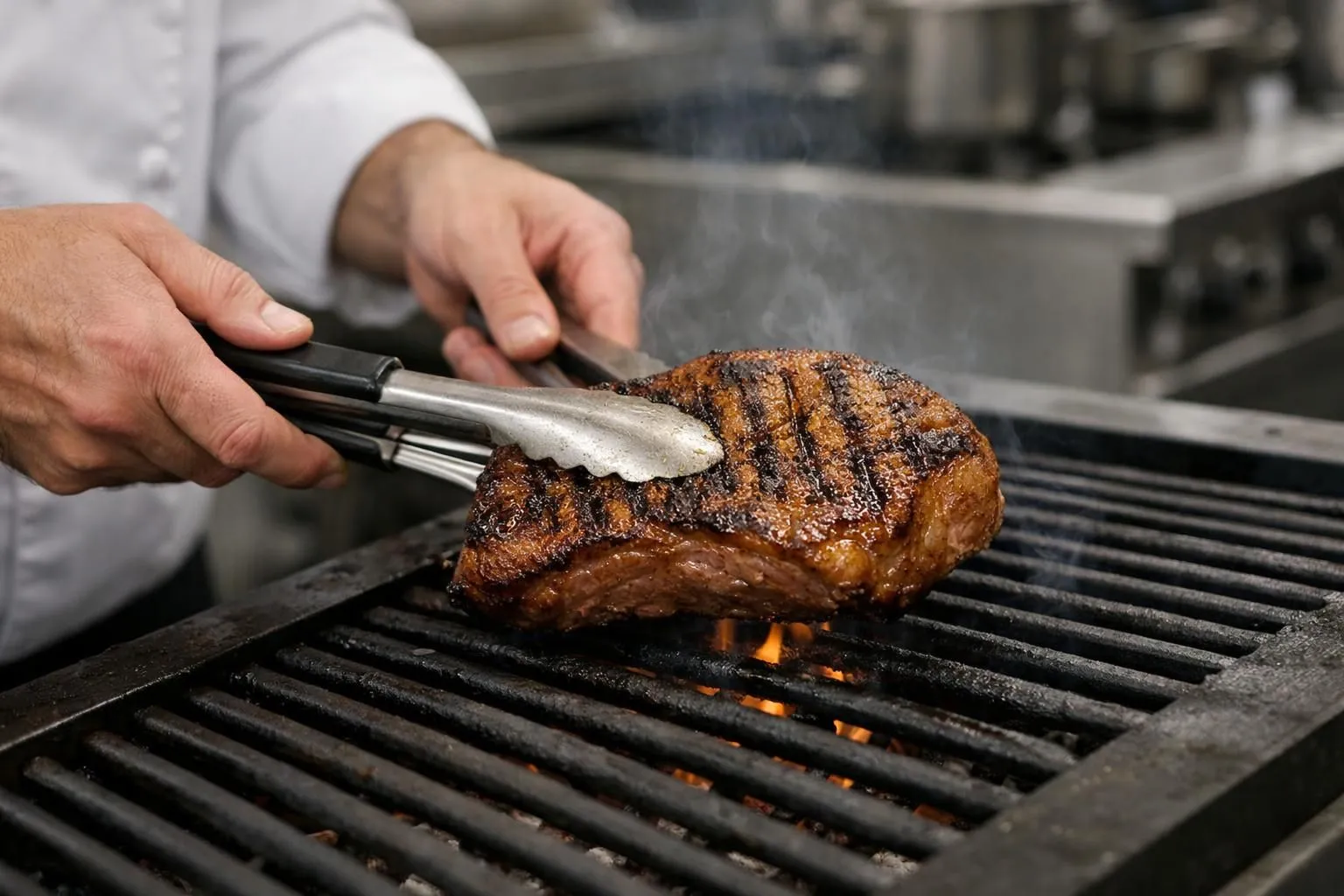 Grilled steak being sliced with a metal utensil.