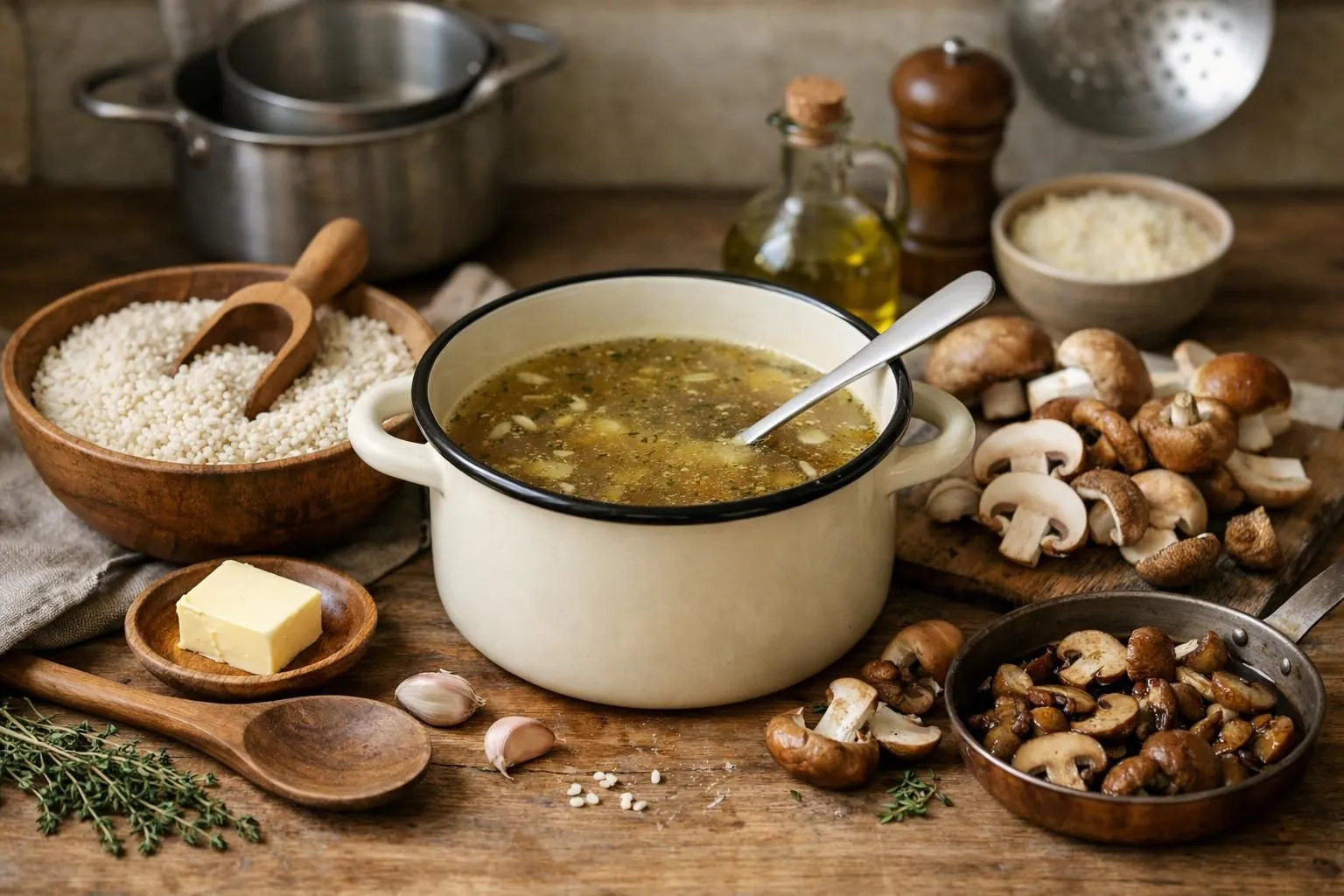 Hearty vegetable soup with mushrooms, garlic, and wooden utensils.