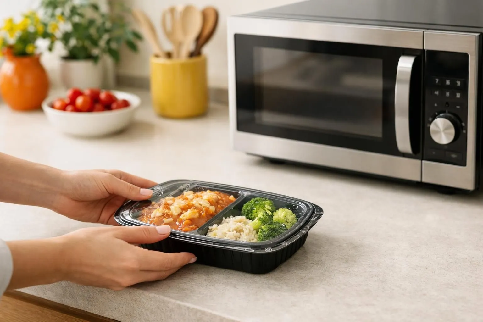 Microwave, meal tray, hands holding tray, kitchen counter, cooking utensils.