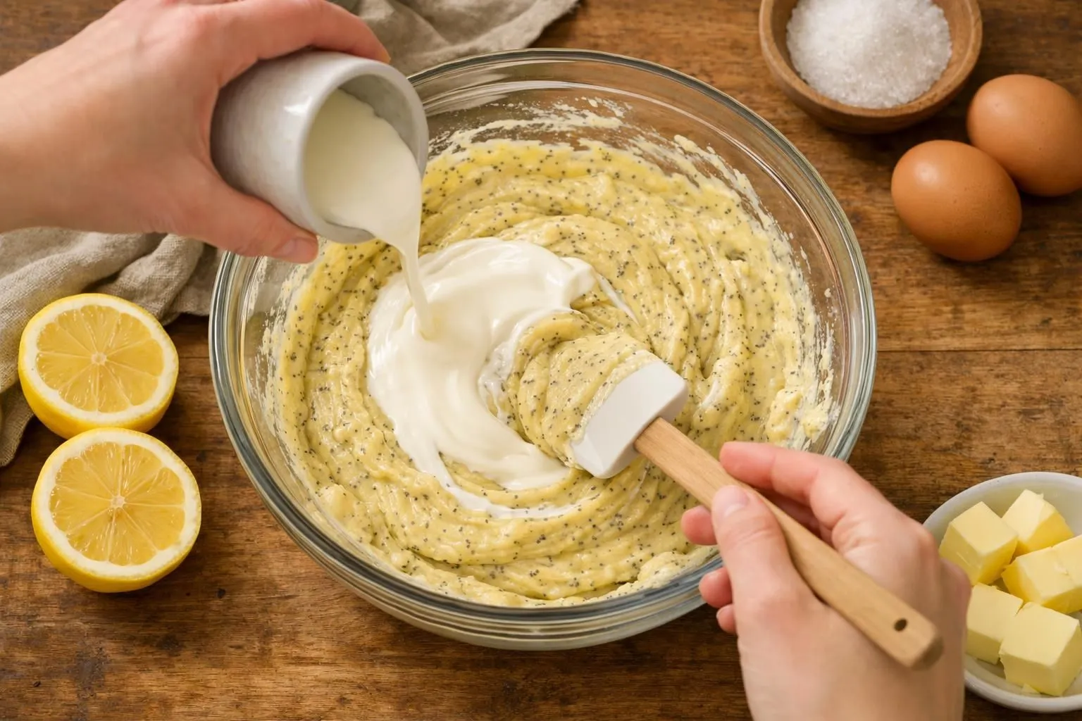 Mixing batter with lemon, eggs, and butter in a glass bowl.