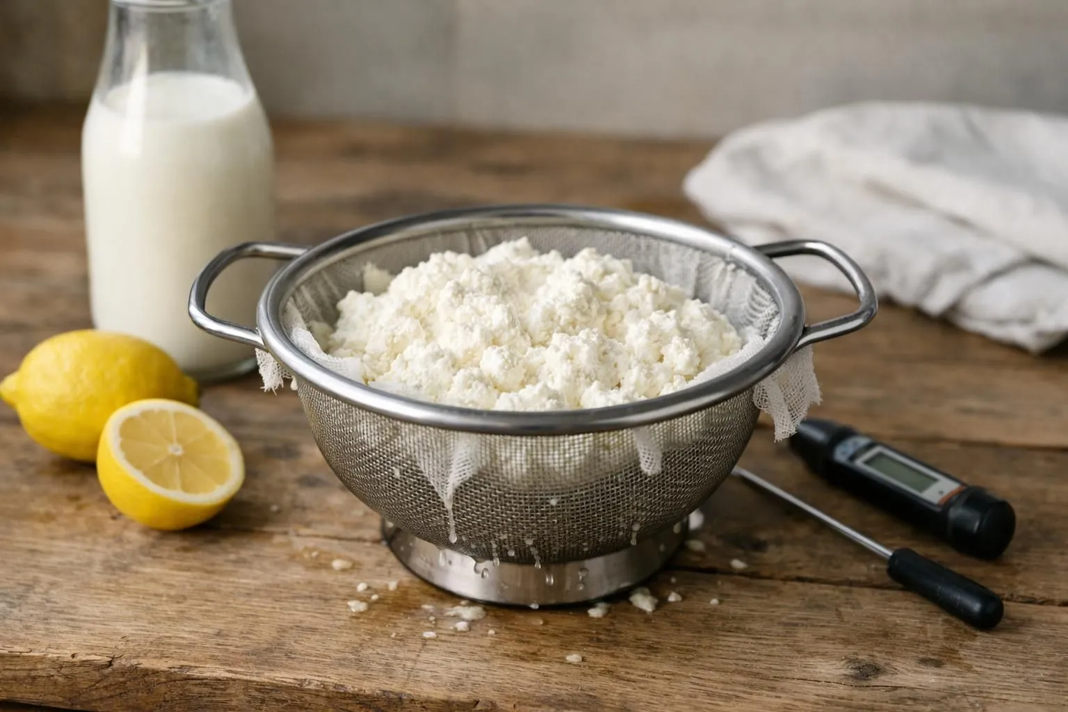 Homemade ricotta cheese draining through white cheesecloth in a metal strainer over a ceramic bowl, placed on a rustic wooden kitchen counter with fresh milk bottle, lemons, and a cooking thermometer visible in soft natural morning light, realistic culinary photography with shallow depth of field