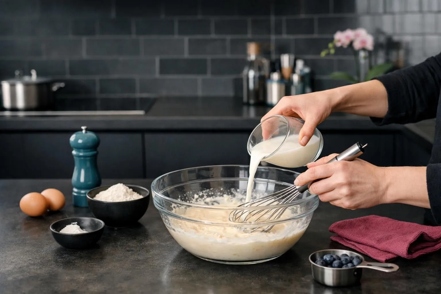Hands mixing ingredients in a glass bowl on a kitchen counter.