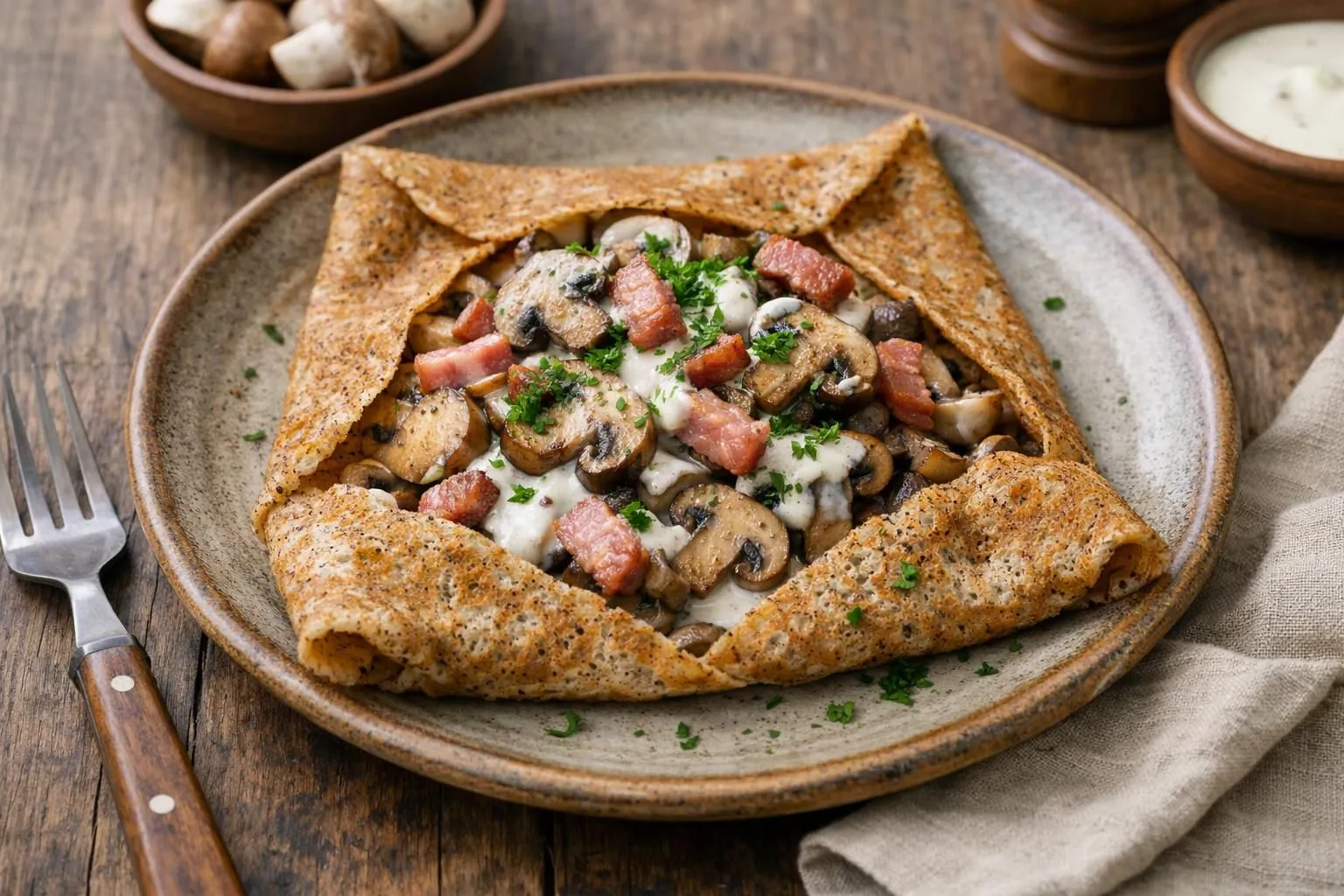 Savory crepes filled with sautéed mushrooms, ham, and parsley.