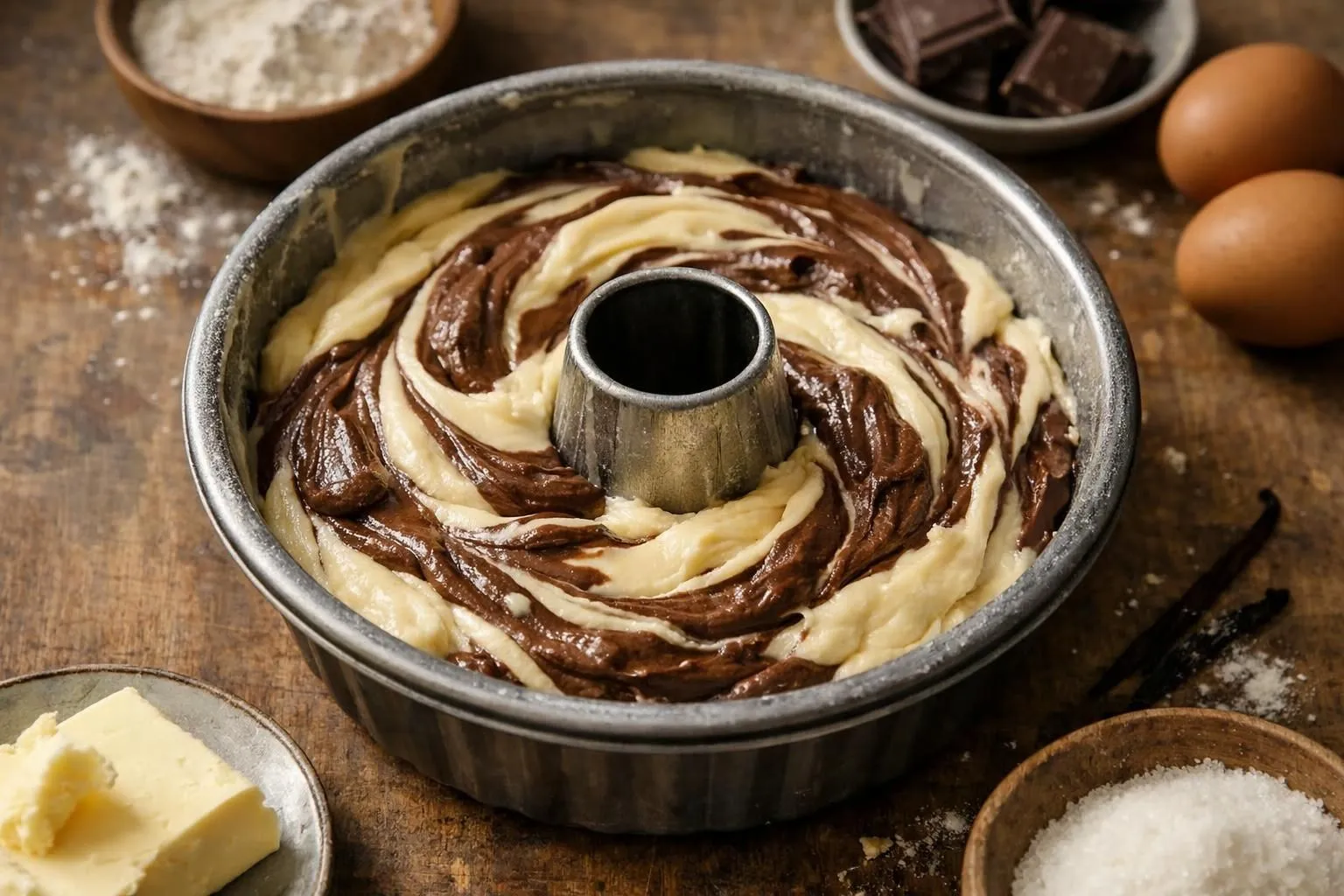 Chocolate swirl cake with baking ingredients surrounding it.