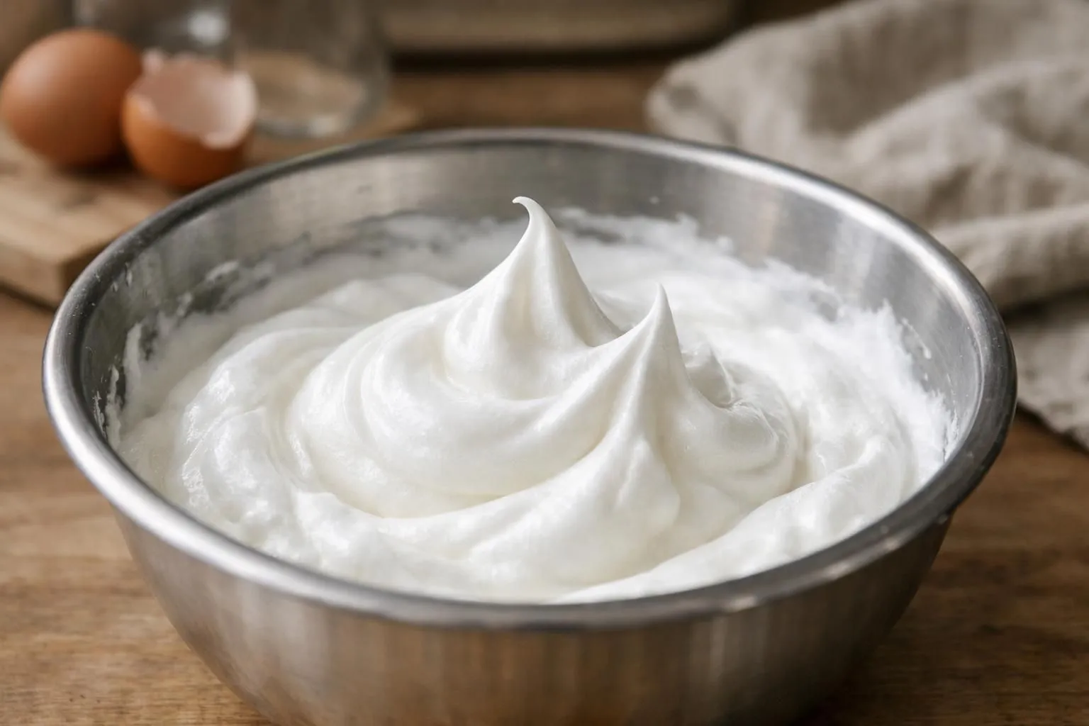 Whipped cream in a metal bowl, swirling and airy.