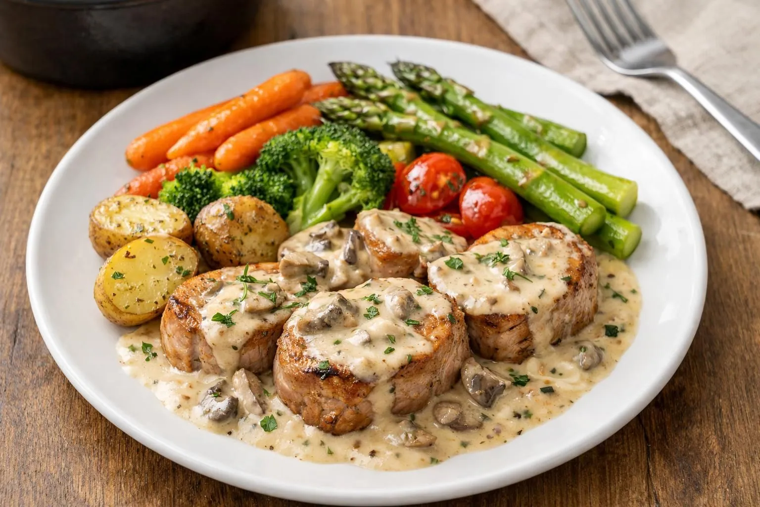 Seared pork chops in creamy mushroom sauce, roasted vegetables.