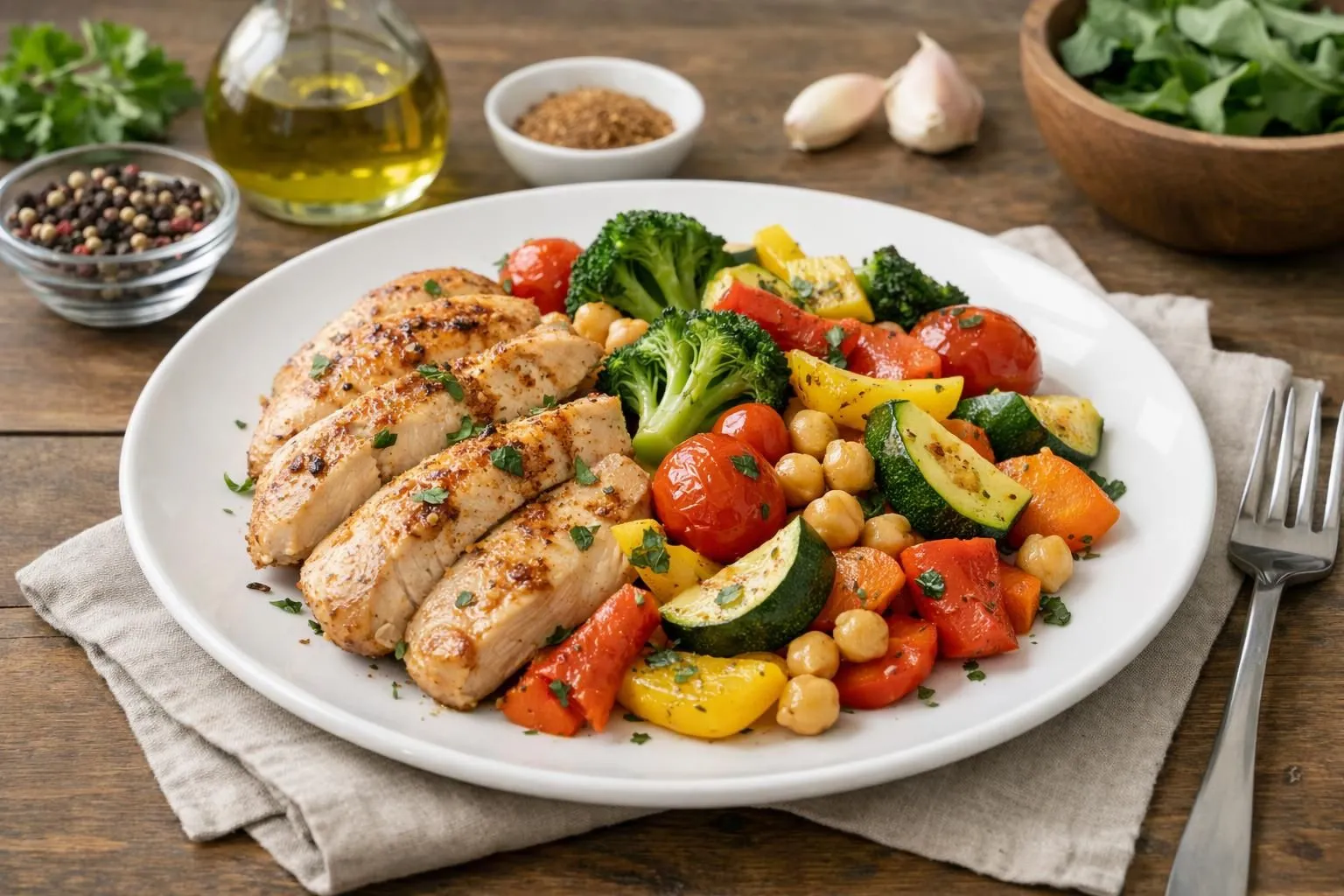 Grilled chicken, roasted vegetables, and chickpeas on a white plate.