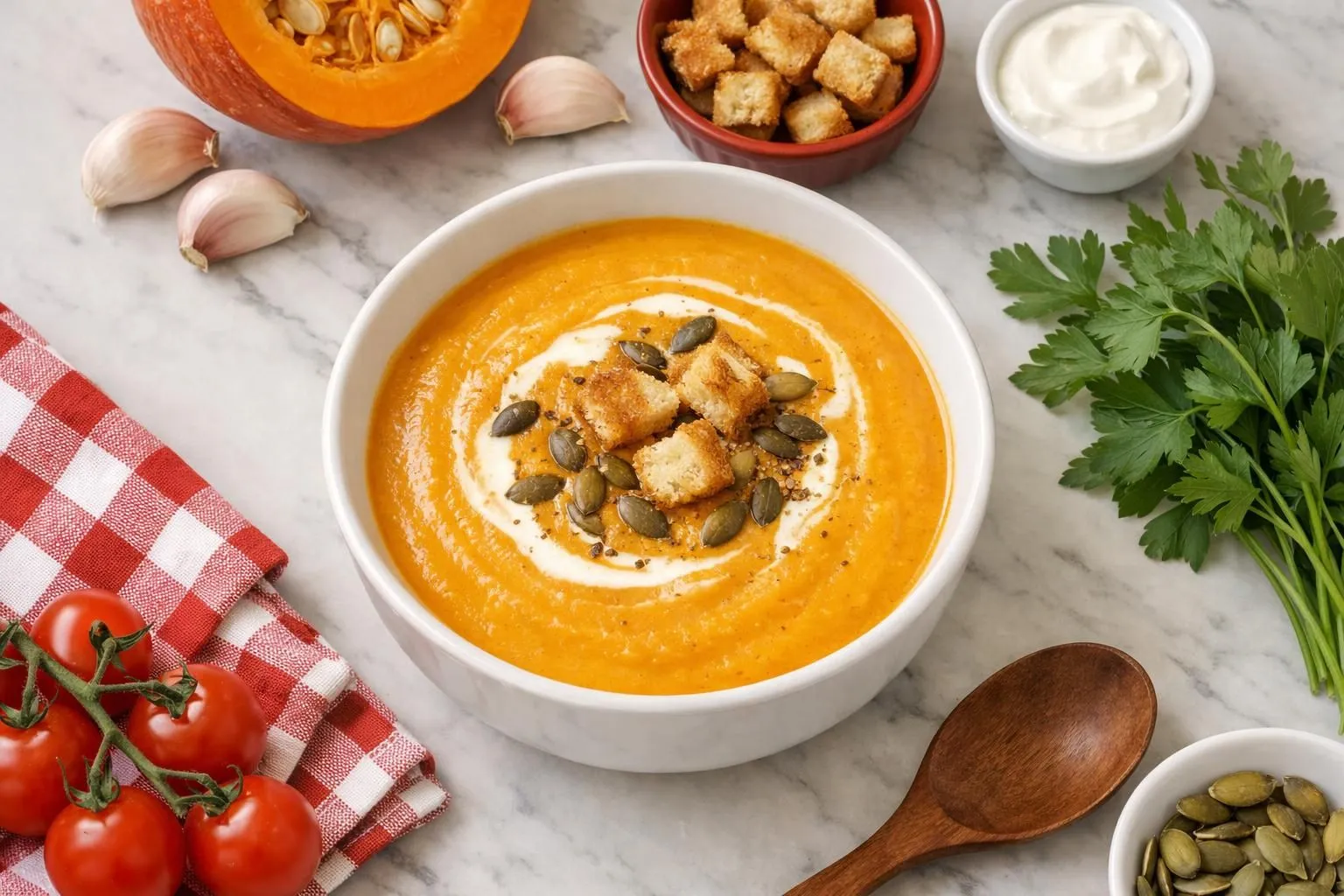Creamy pumpkin soup with croutons and pumpkin seeds.