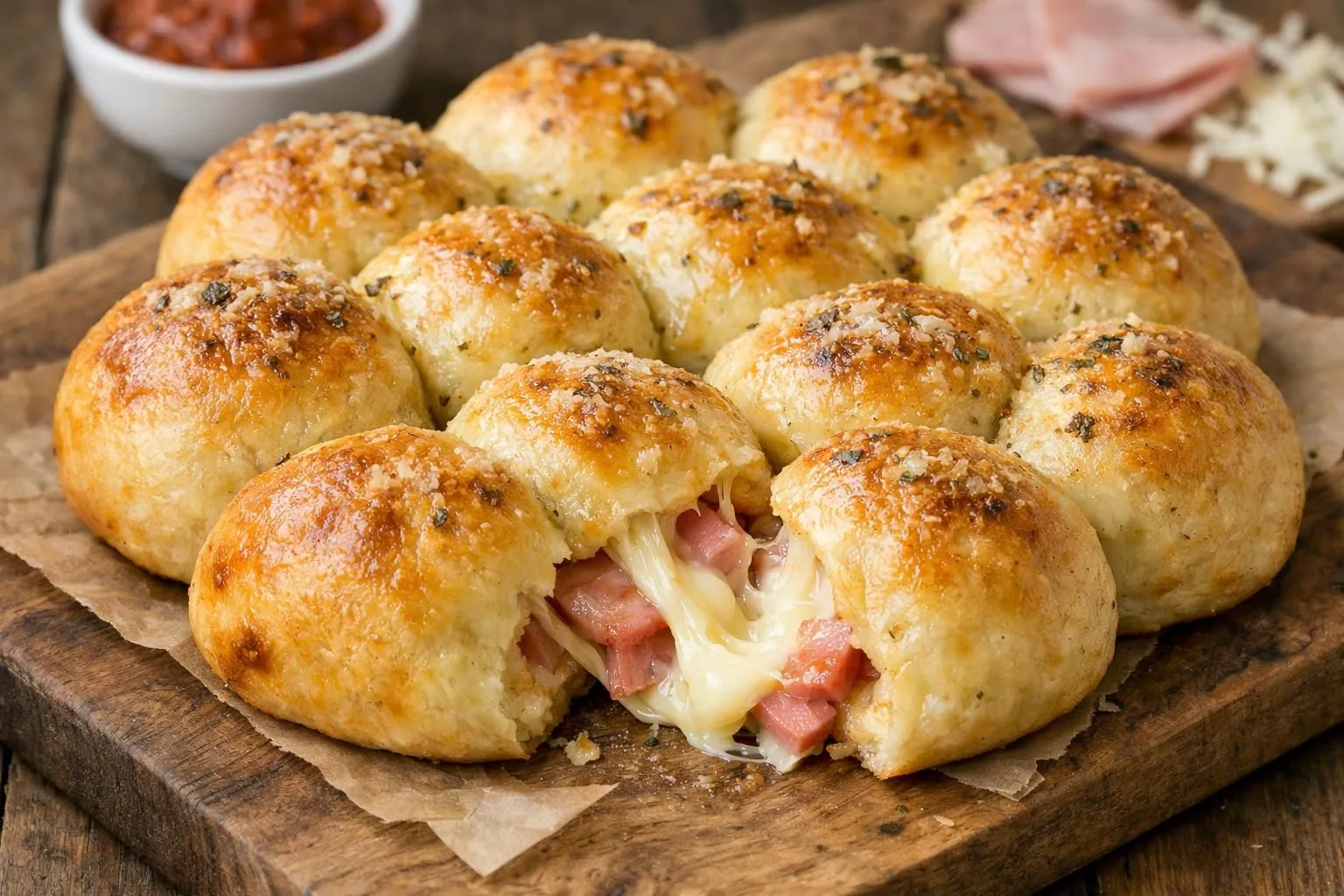 Freshly baked rolls with melted cheese and ham filling.
