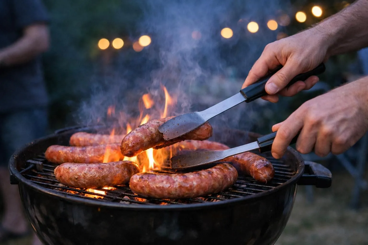 Sizzling sausages on a smoky outdoor grill, flames licking the meat.