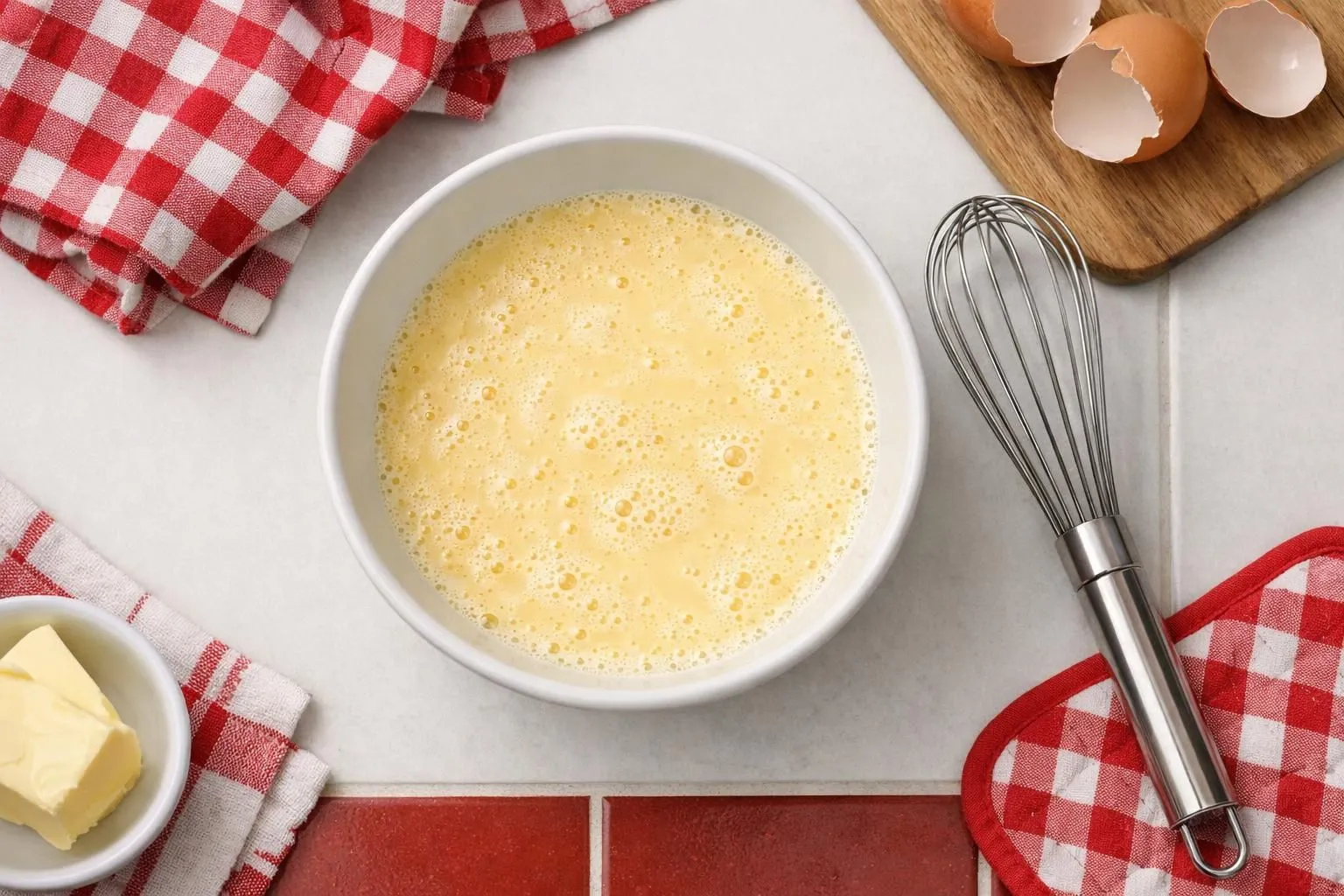 A bowl of beaten eggs, whisk, and cooking ingredients on a checkered cloth.