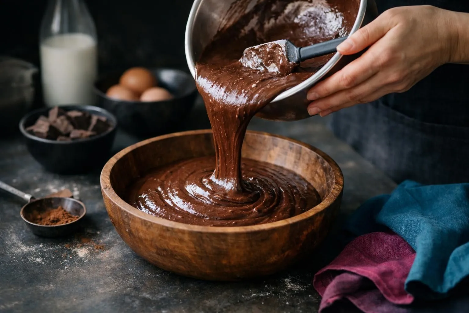 Chocolate batter being mixed in a wooden bowl.