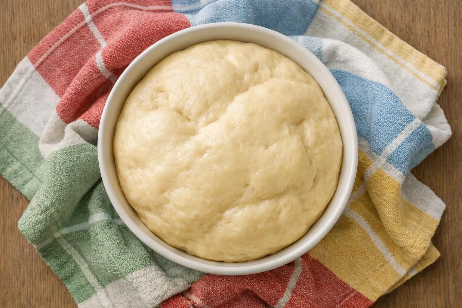 A bowl of freshly made, golden-colored bread dough.
