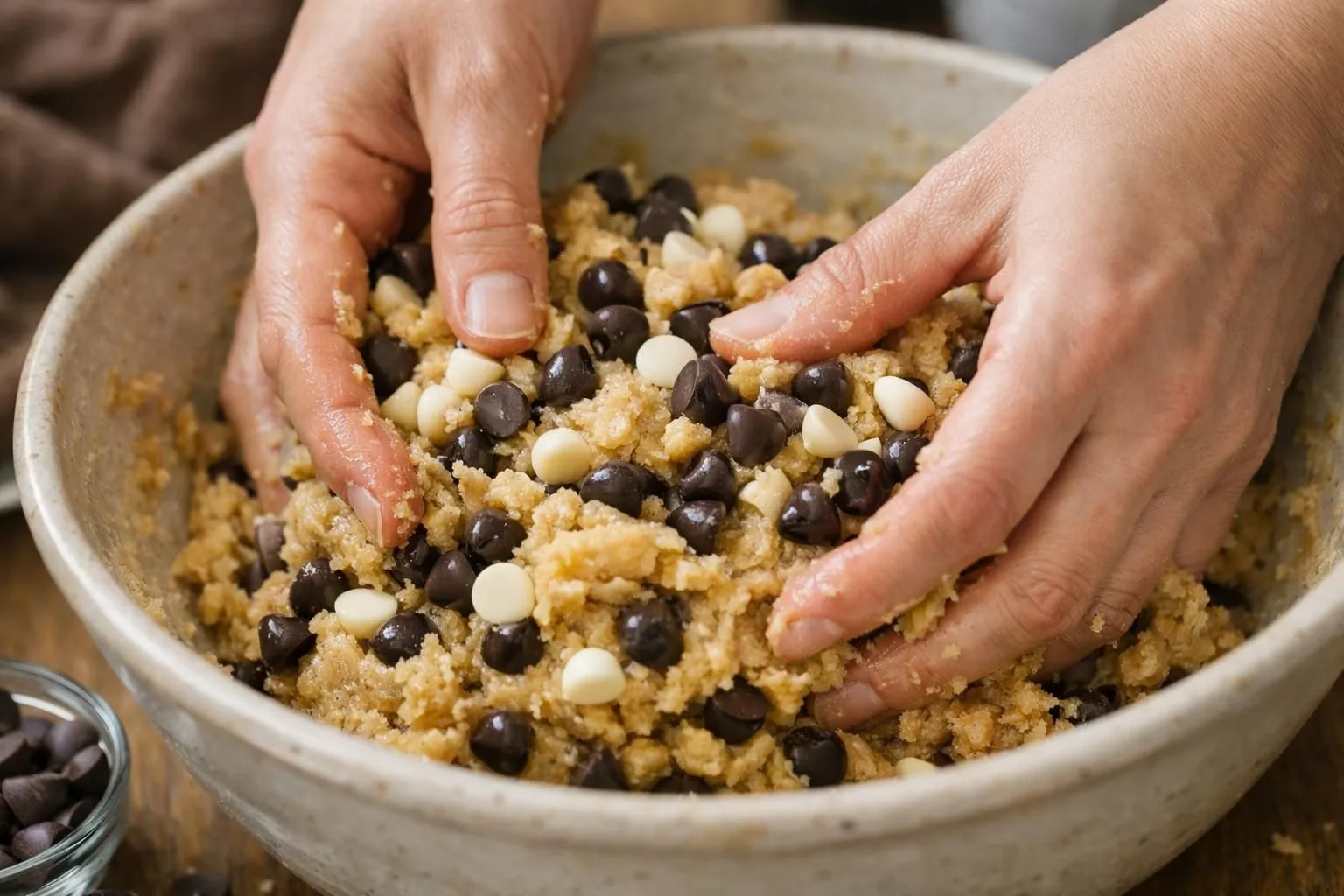 Hands mixing oatmeal with chocolate chips and white chocolate chips.
