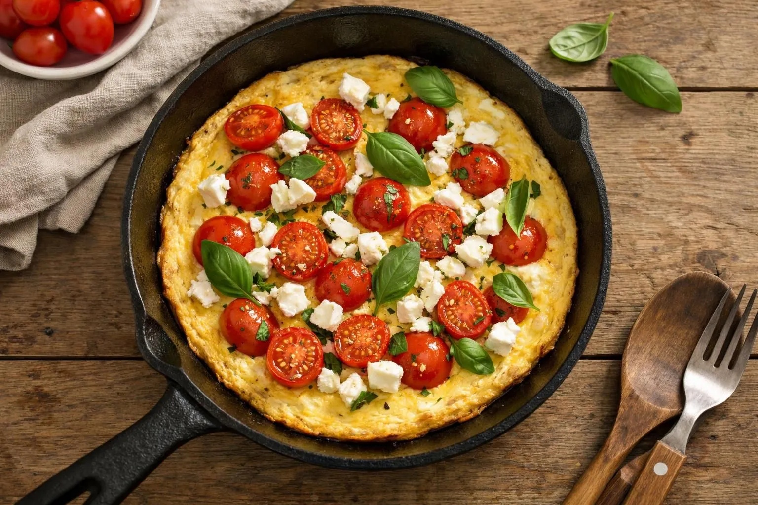 A savory frittata with cherry tomatoes, feta, and fresh basil.