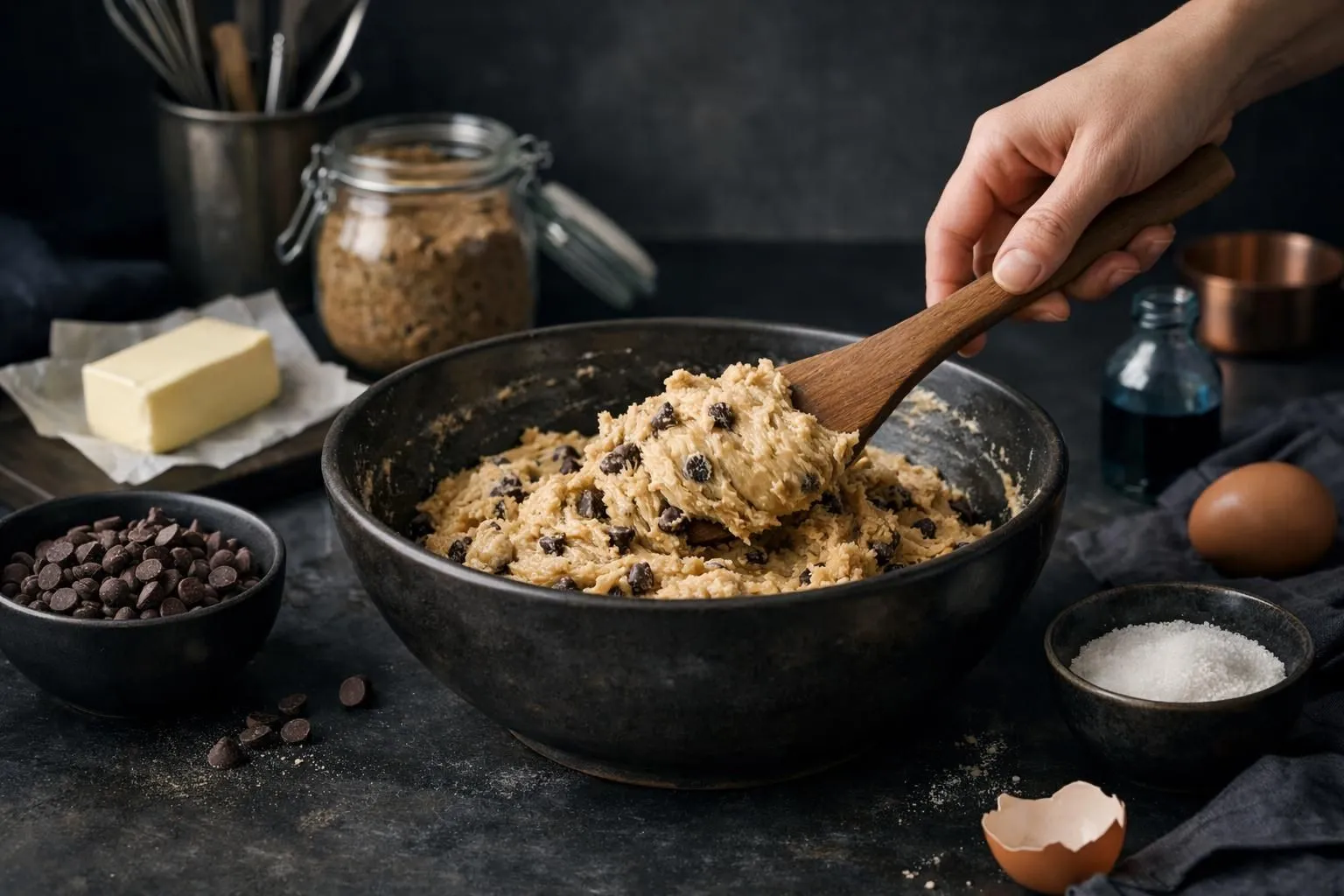 Homemade cookie dough with chocolate chips in a dark bowl.