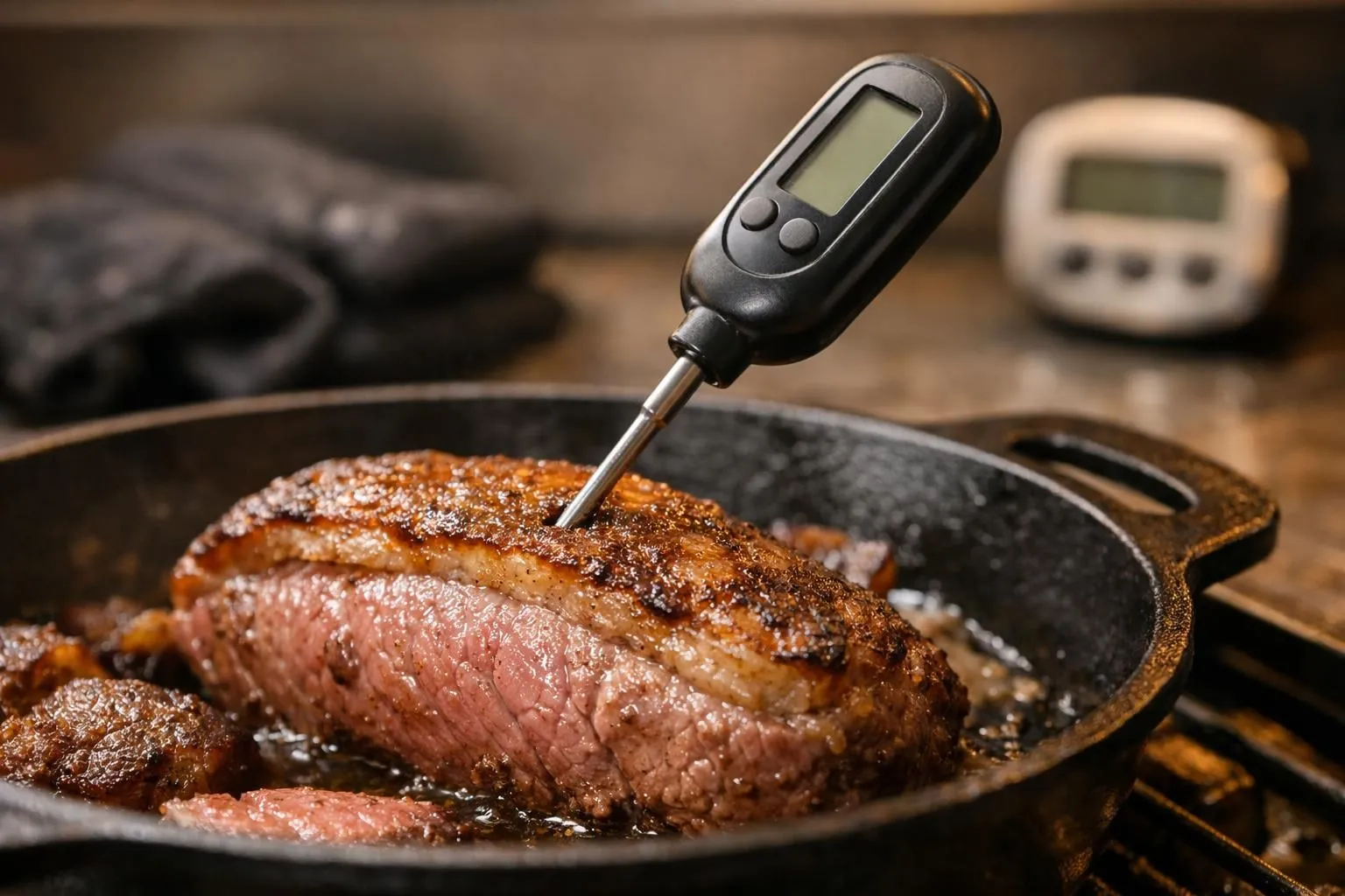Thermomètre de cuisine à lecture numérique inséré dans une picanha rosée en cours de cuisson, posée dans un plat de cuisson en fonte, lumière chaude de four en arrière-plan, gouttes de jus visible, ambiance culinaire professionnelle mais accessible, éclairage naturel doux, cadrage rapproché à 45°, arrière-plan légèrement flouté montrant gants de cuisine et minuteur, tons chauds (marron, beige, rouge viande), style réaliste et gourmand