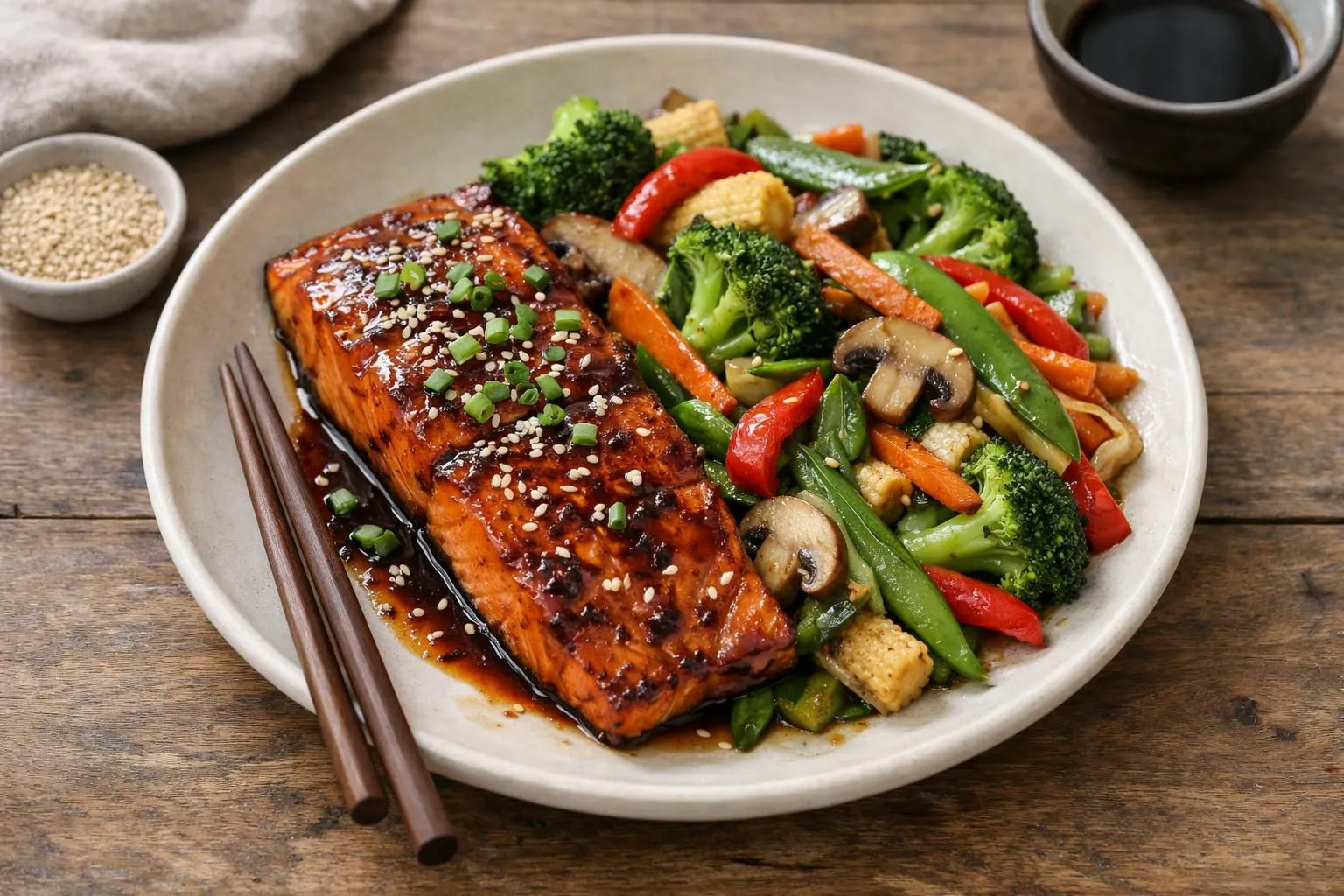 Grilled salmon fillet with roasted vegetables and sesame seeds.