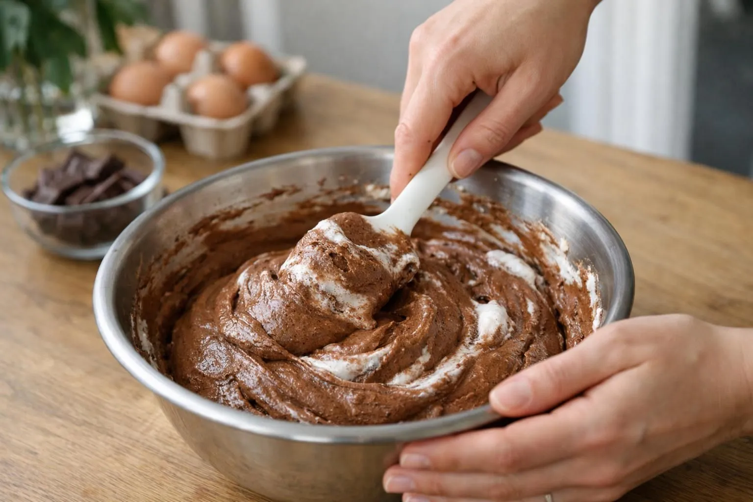 Mixing chocolate batter in a metal bowl on a wooden table.