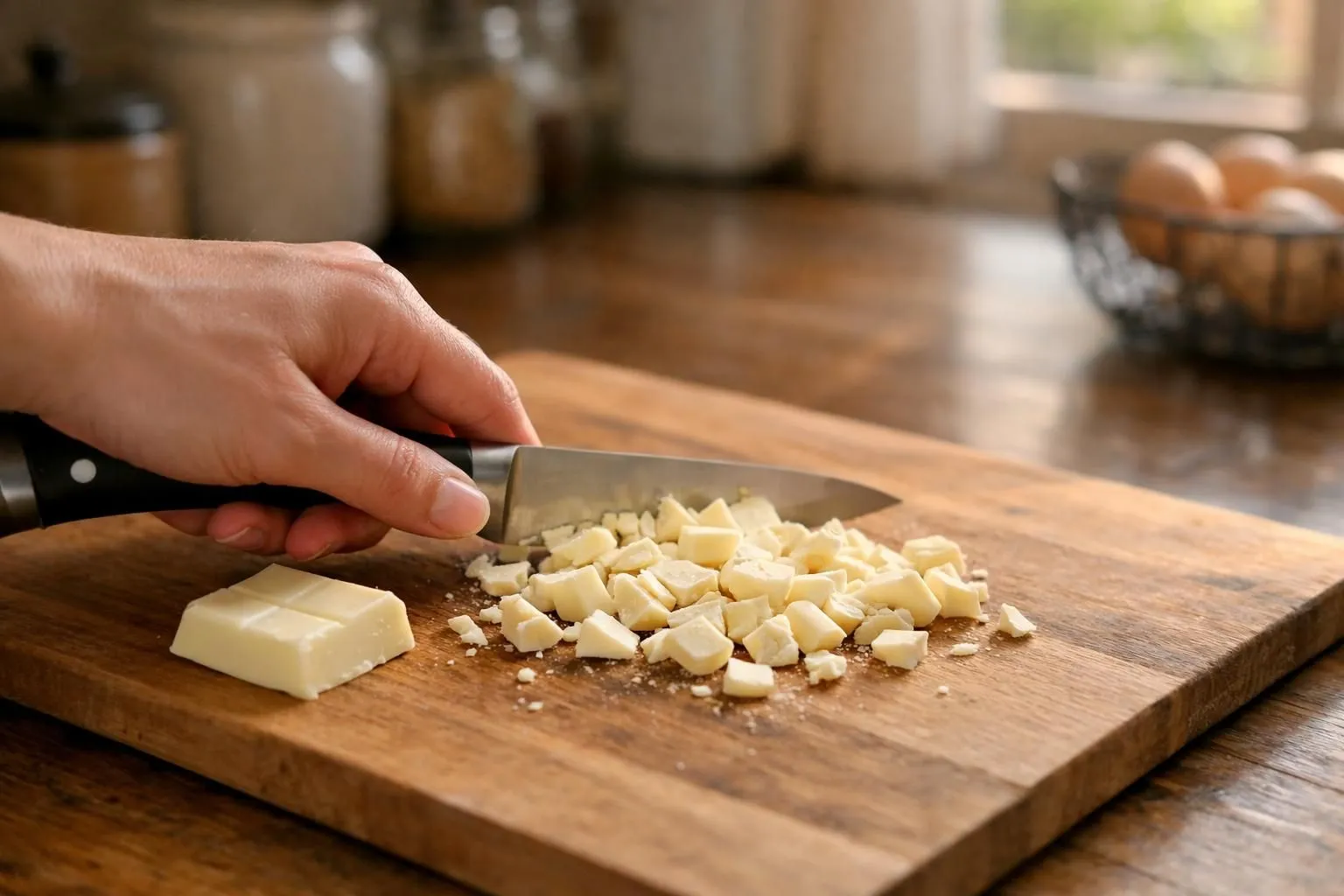 Recette facile cookies chocolat blanc moelleux en 5 étapes simples Chopping white chocolate on a wooden cutting board.