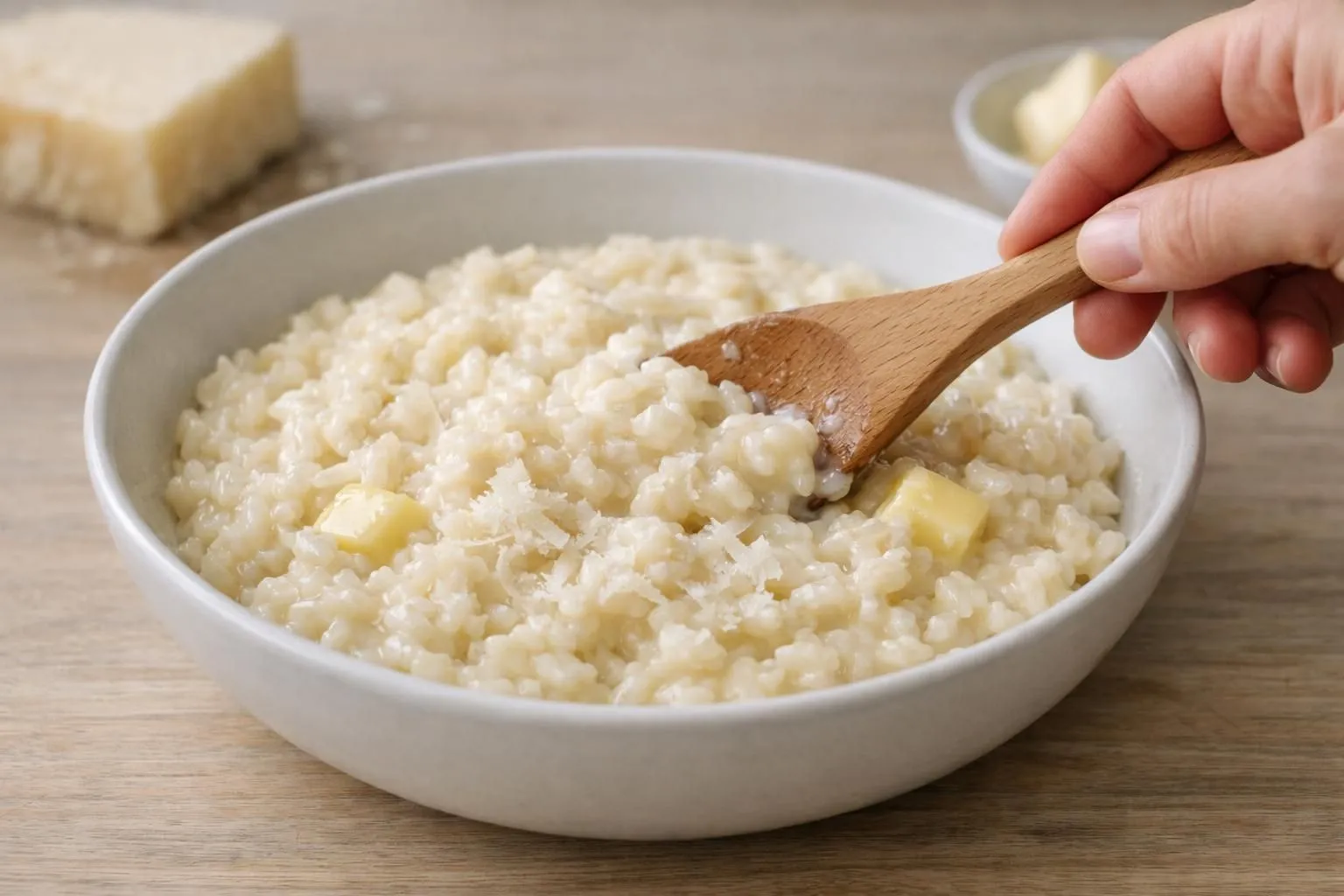 Creamy risotto with butter in a white bowl.