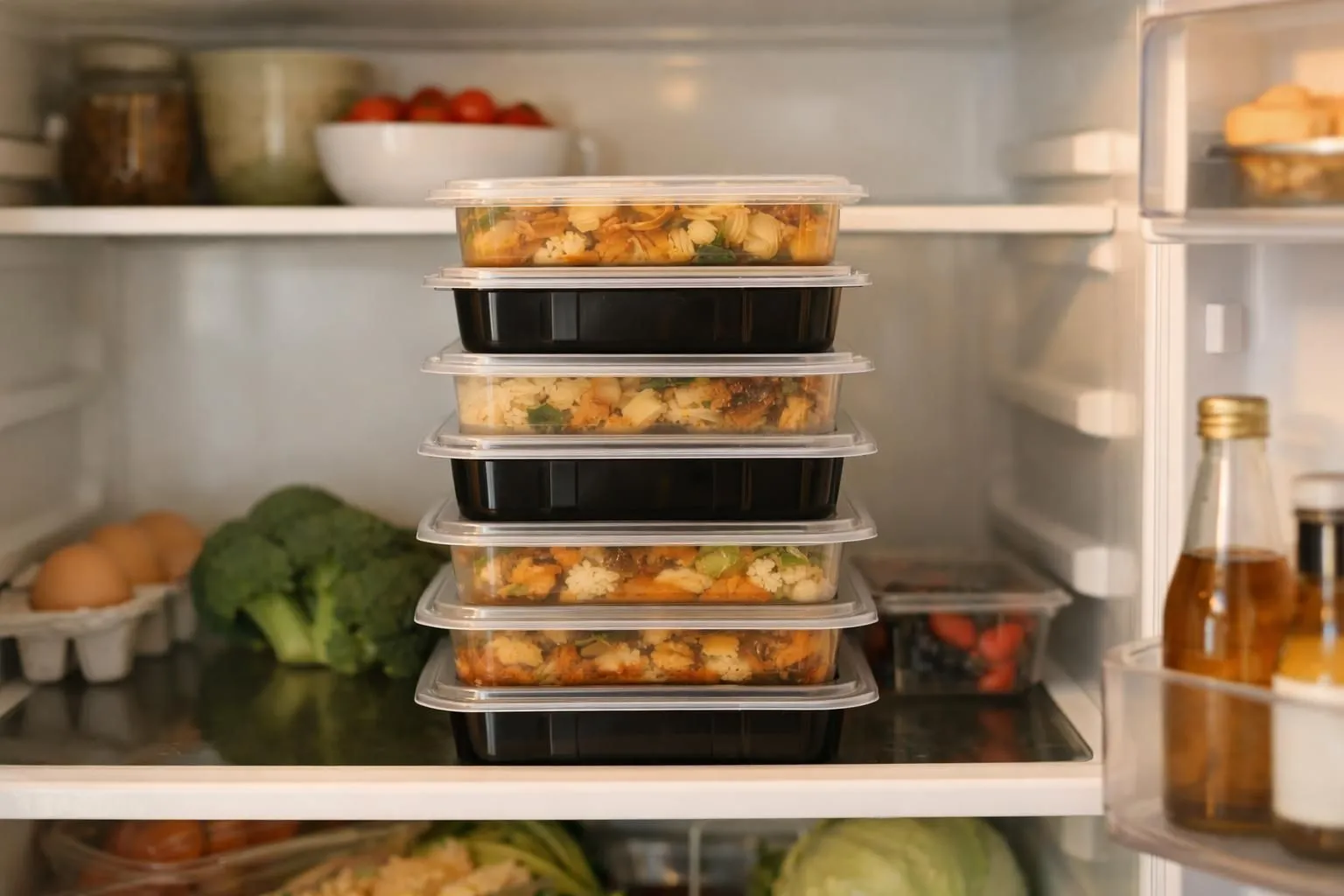 Stacked meal containers in a refrigerator with fresh produce.