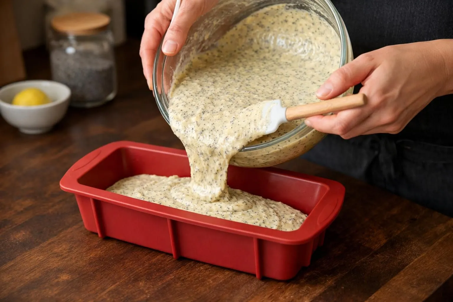 Pouring batter into a red silicone baking mold.
