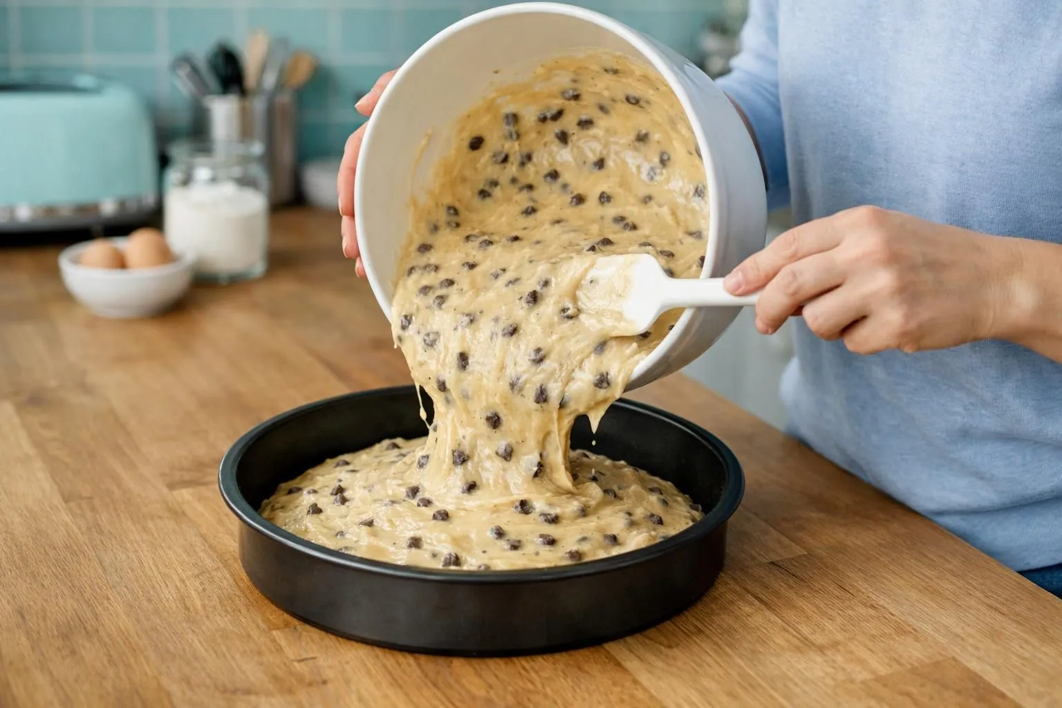 Chocolate chip cookie dough being scooped into a baking pan.